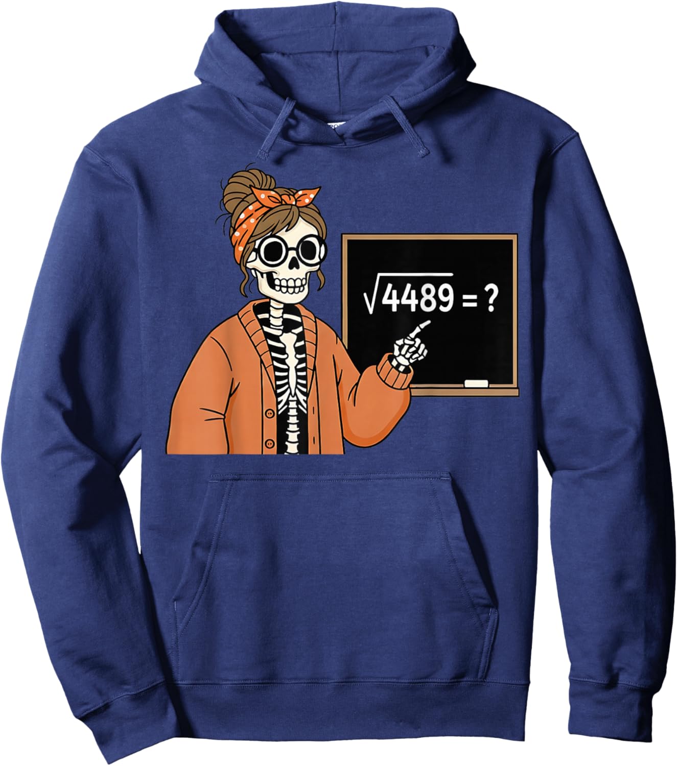 67 Teacher Skeleton Halloween Square Root 4489 Messy Bun Hoodie - Hoodie | Navy