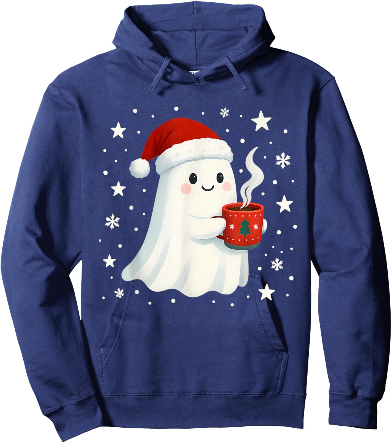 Cute Christmas Ghost with Hot Cocoa Santa Hat Winter Holiday Hoodie - Hoodie | Navy