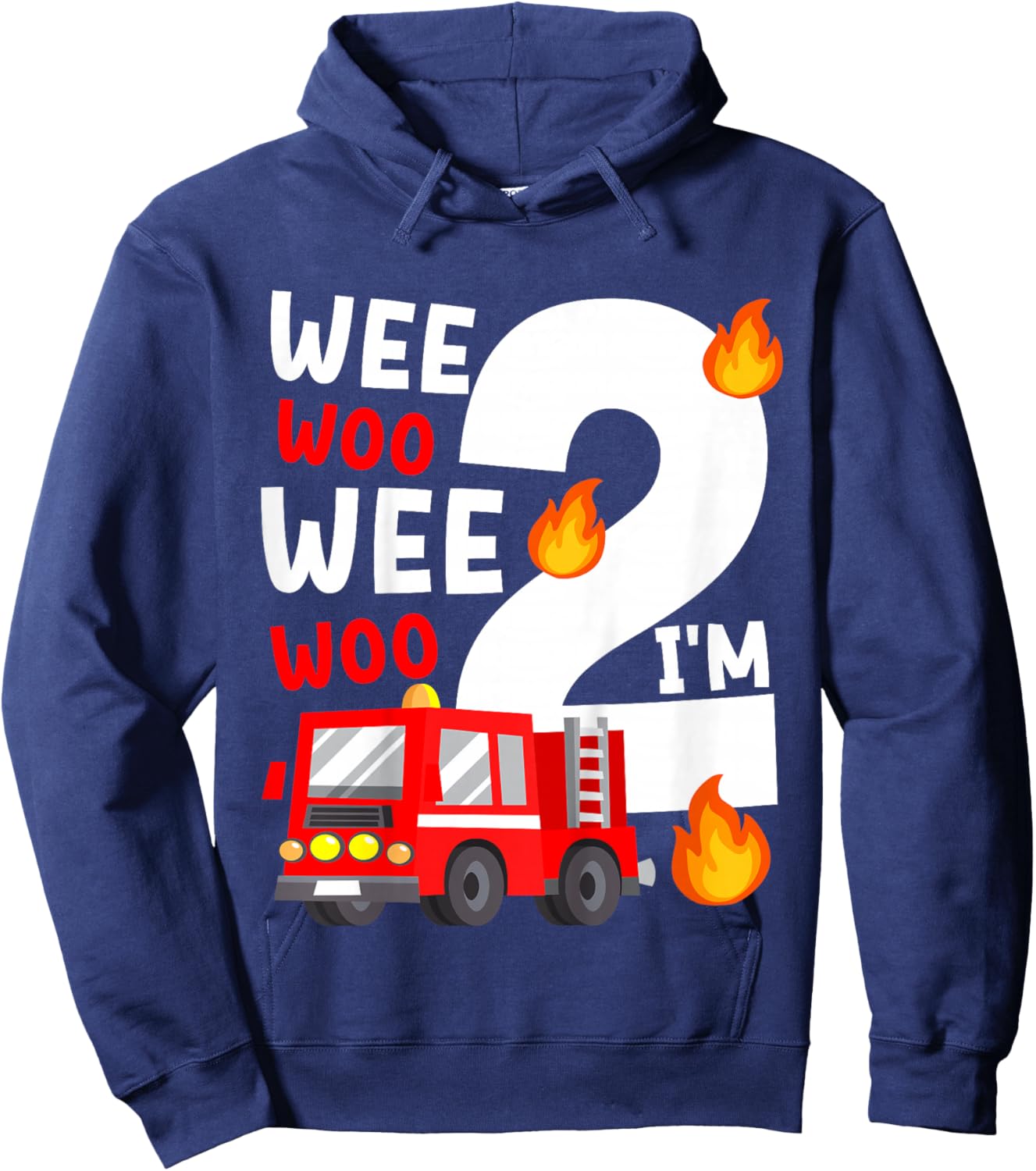Boys Birthday Wee Woo Wee Woo I'm 2 Red Fire Truck Hoodie - Hoodie | Navy