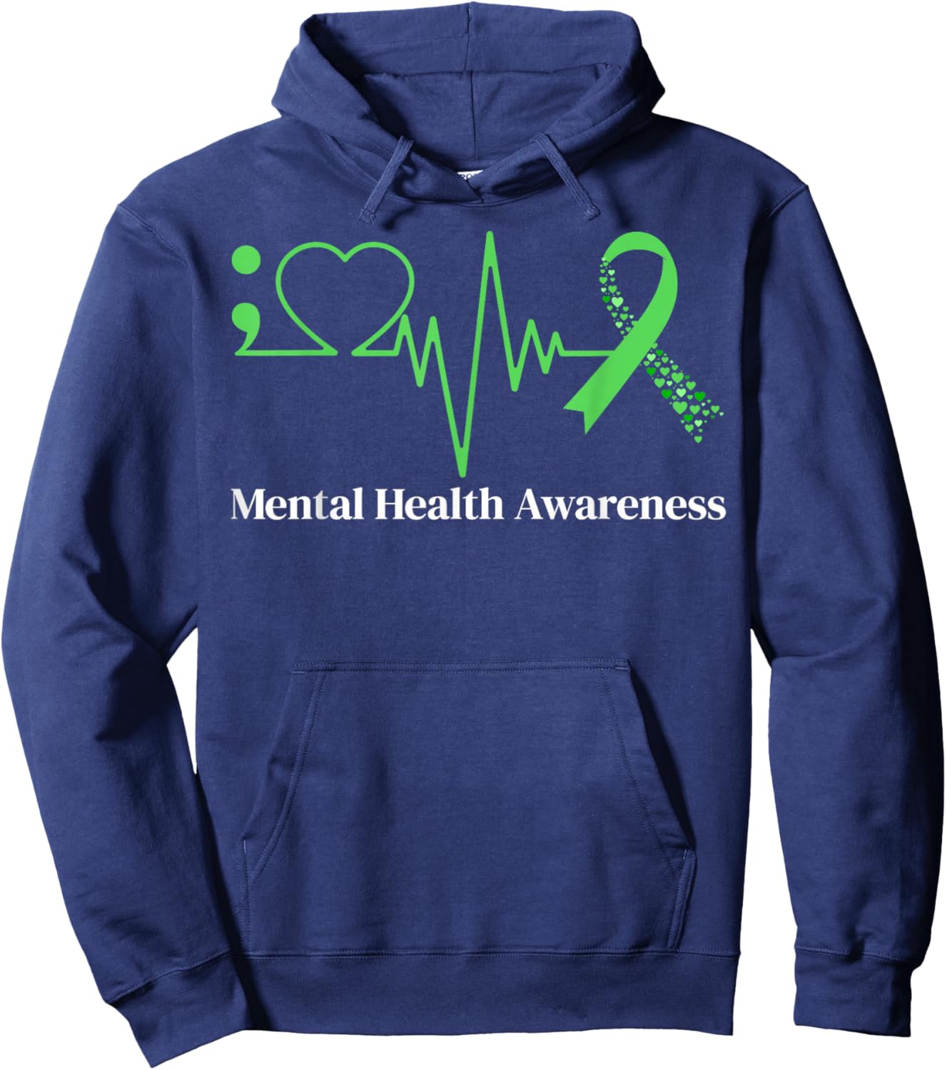 Semicolon Heart Beat Green Ribbon Mental Health Awareness Hoodie - Hoodie | Navy