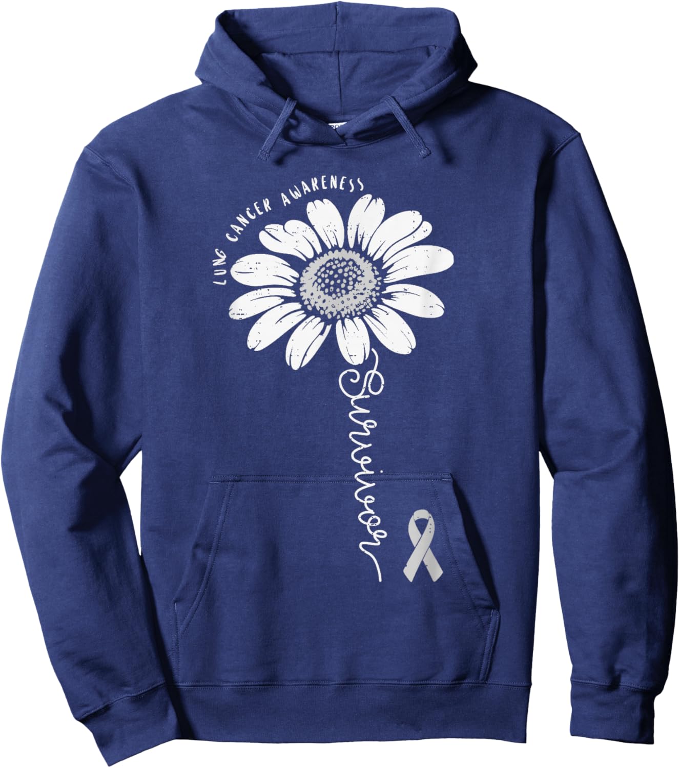 Lung Cancer Awareness Survivor Flower White Ribbon Support Hoodie - Hoodie | Navy