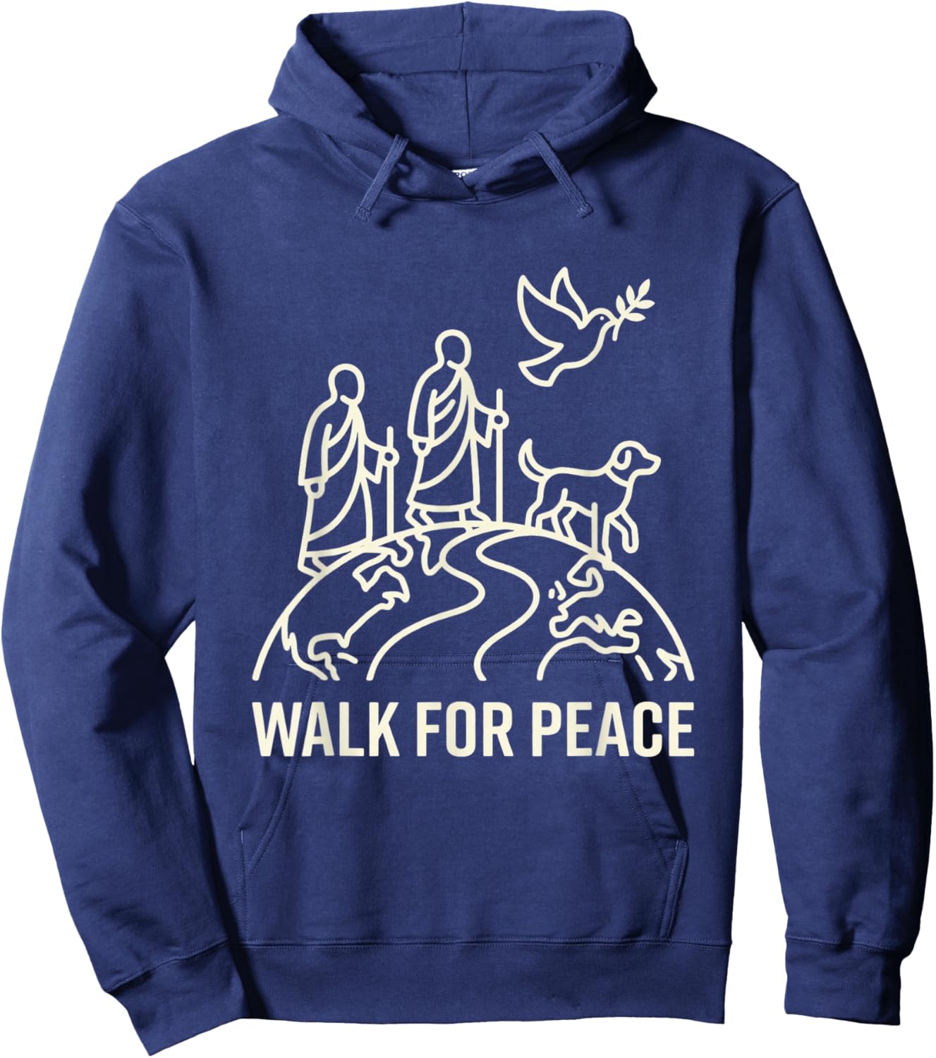 Walk for Peace Aloka Monks with Dog and Dove Line Art Hoodie - Hoodie | Navy