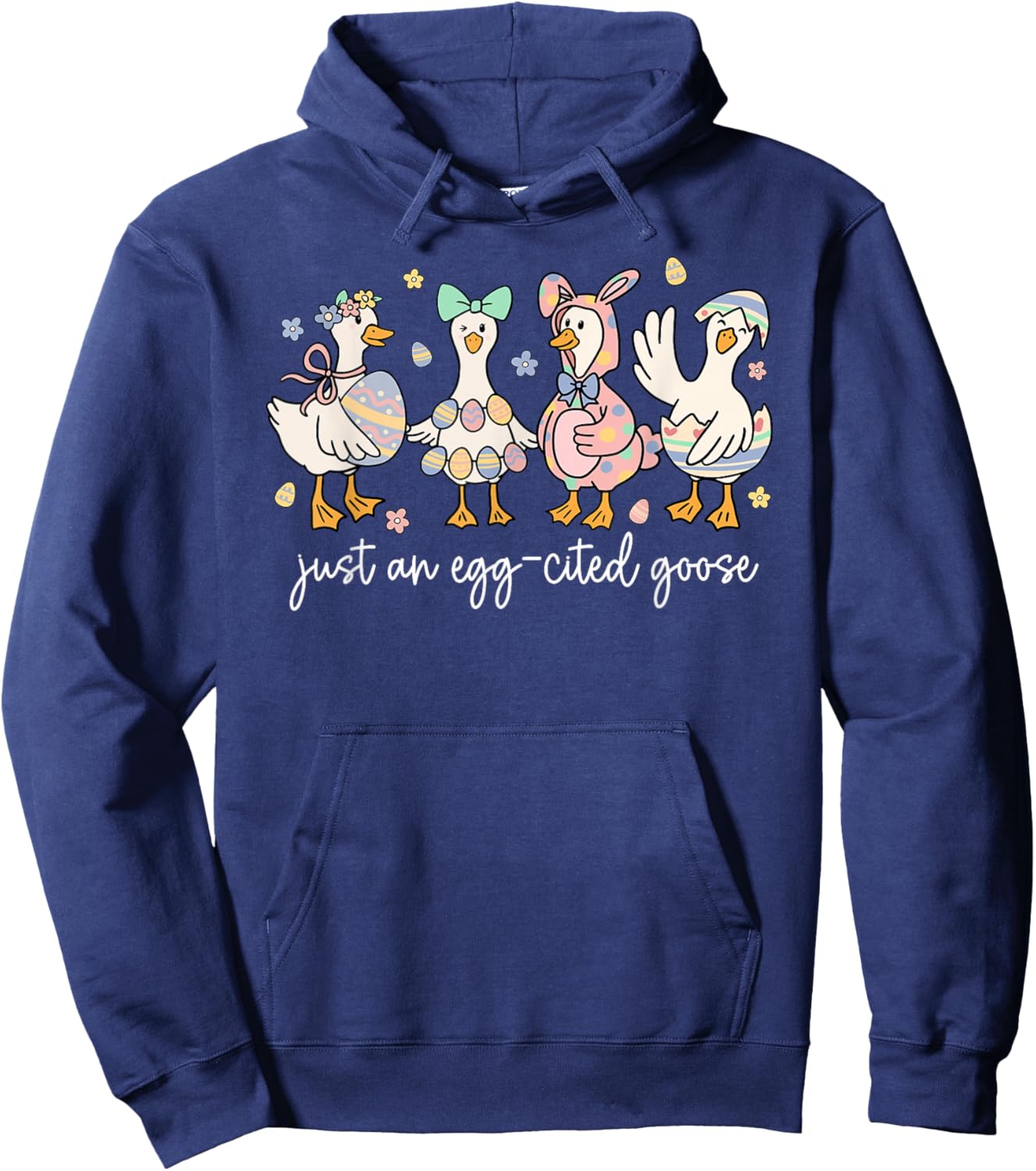 Just an Egg-Cited Goose Silly Funny Bunny Happy Easter Retro Hoodie - Hoodie | Navy