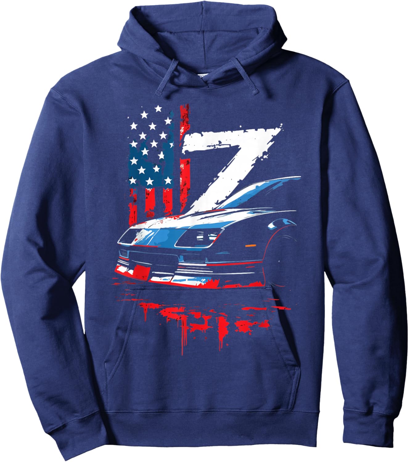 1985-1990 IROC Z Front Grill USA Flag Patriotic Muscle Car Hoodie - Hoodie | Navy