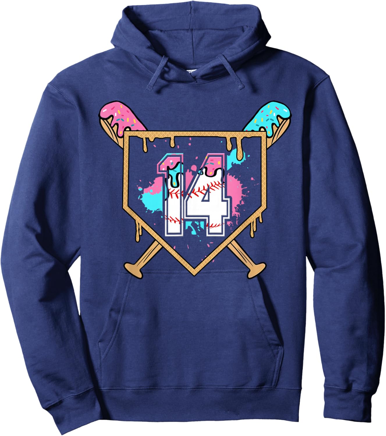 14th Birthday Baseball Bat Ice-Cream Drip 14yrs Old Boys Hoodie - Hoodie | Navy