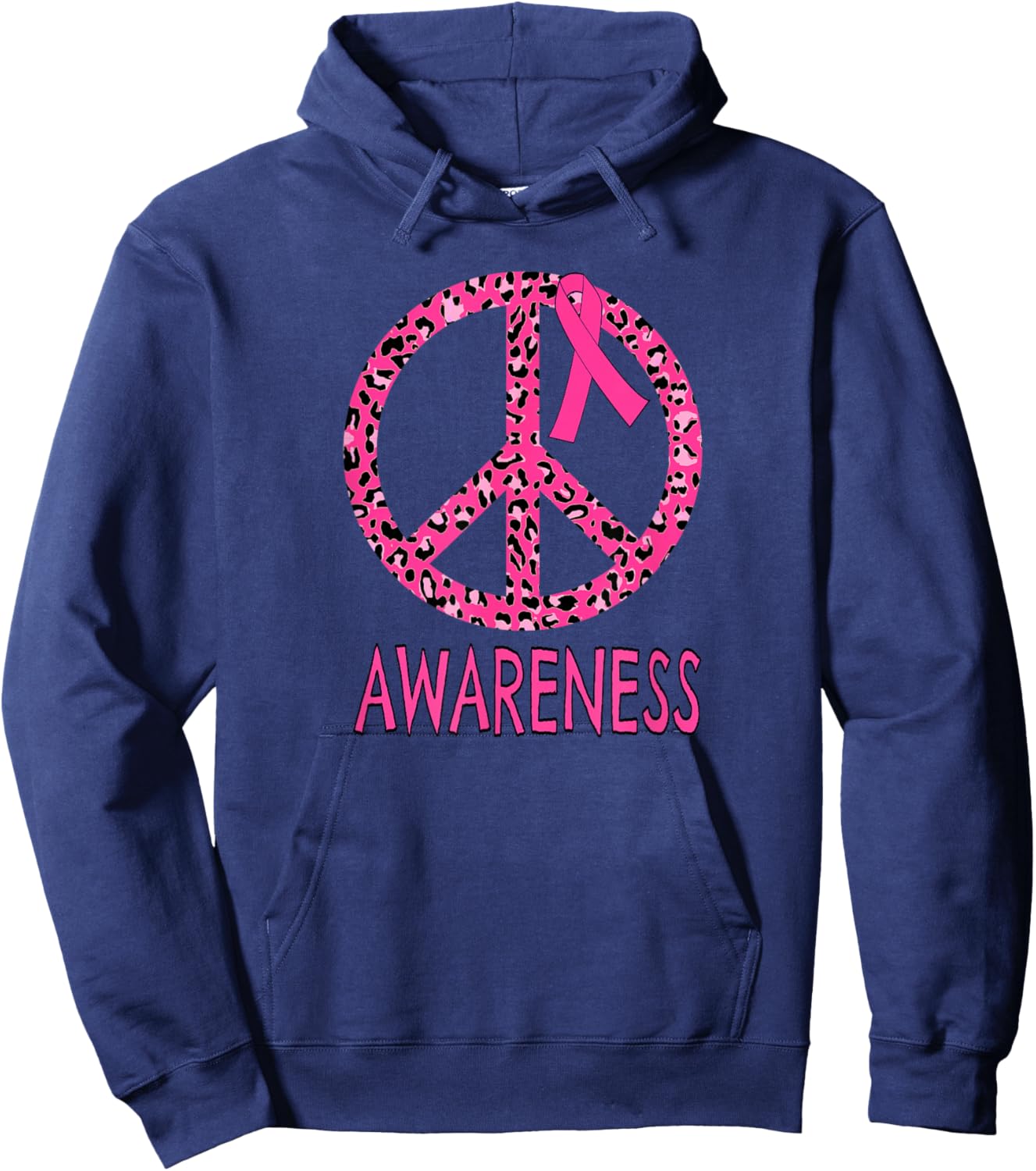 Breast Cancer Peace Sign Pink Leopard Print Hoodie - Hoodie | Navy
