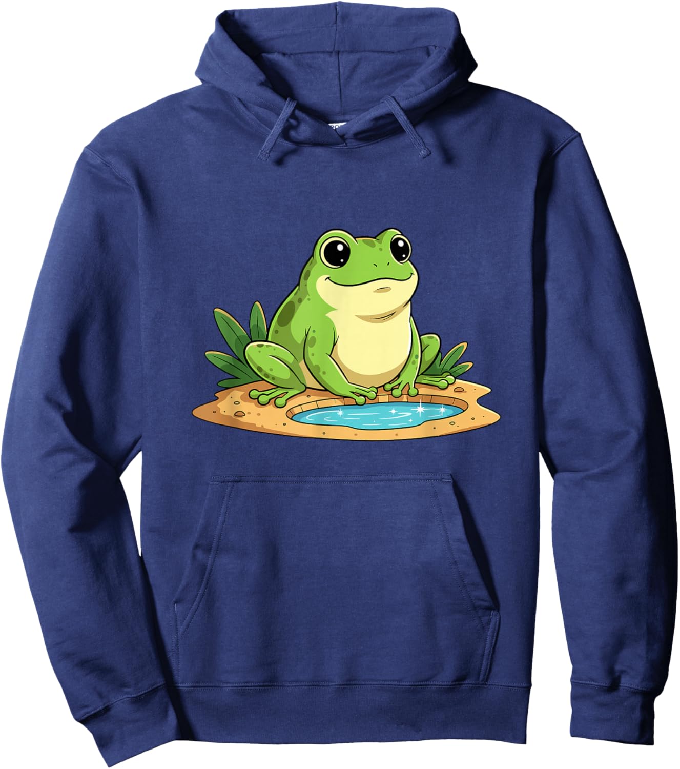 Kawaii Green Frog Sitting by Small Pond Cute Hoodie - Hoodie | Navy