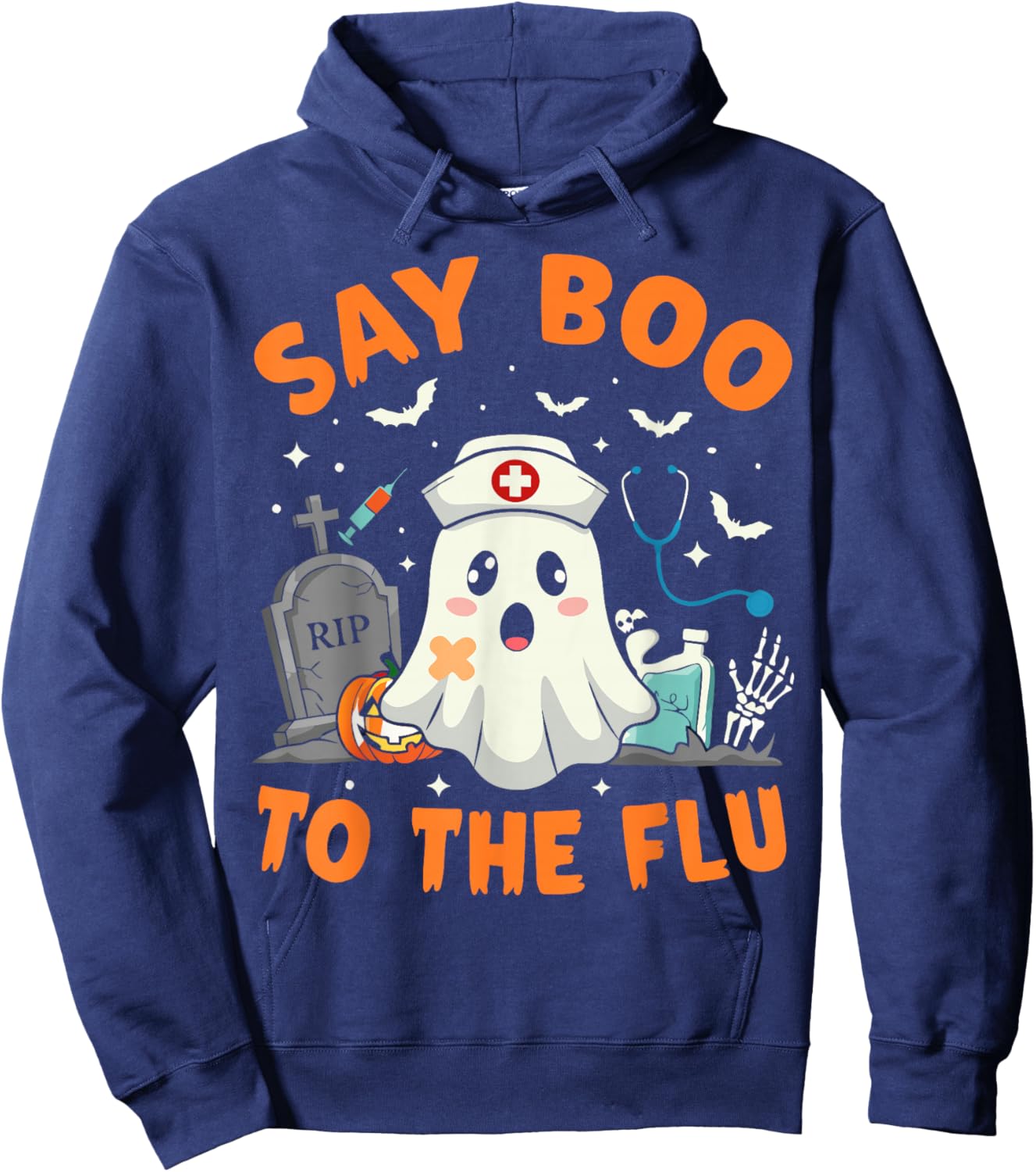 Funny Ghost Pharmacist Halloween Vaccine Say Boo to The Flu Hoodie - Hoodie | Navy