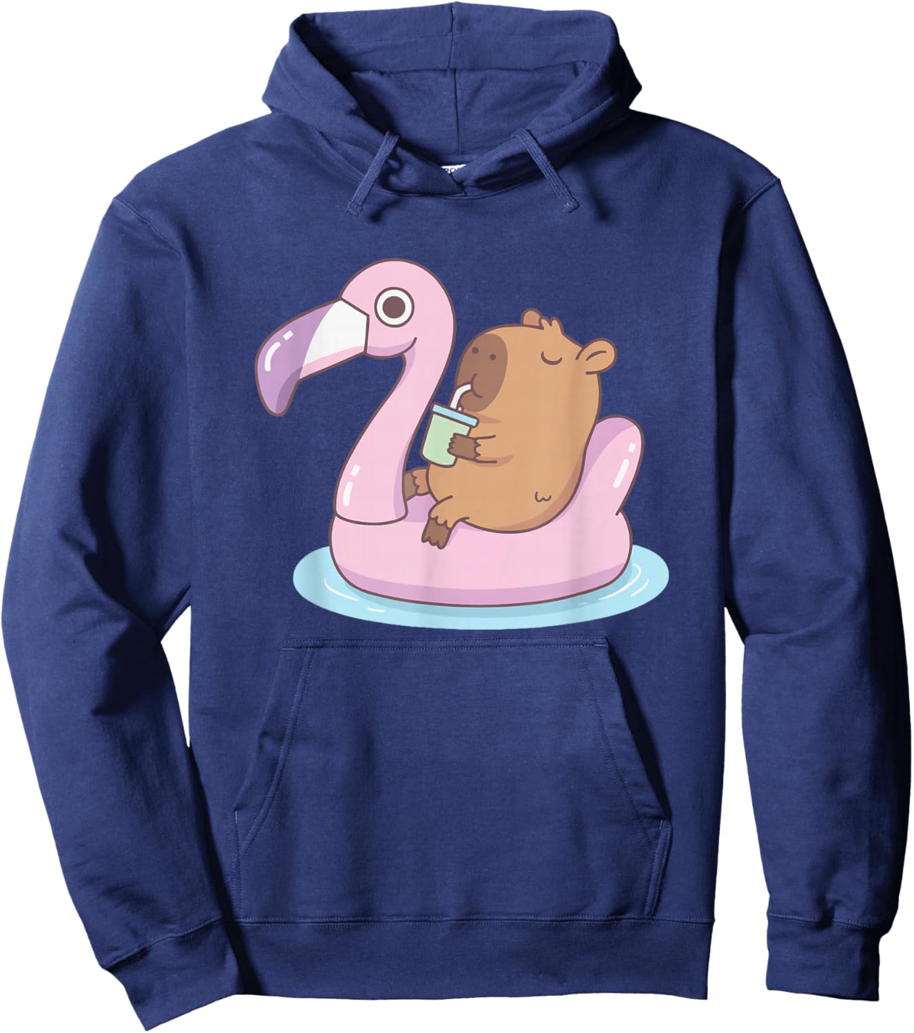 Cute Capybara Floating Flamingo Pool Summer Cartoon Hoodie - Hoodie | Navy