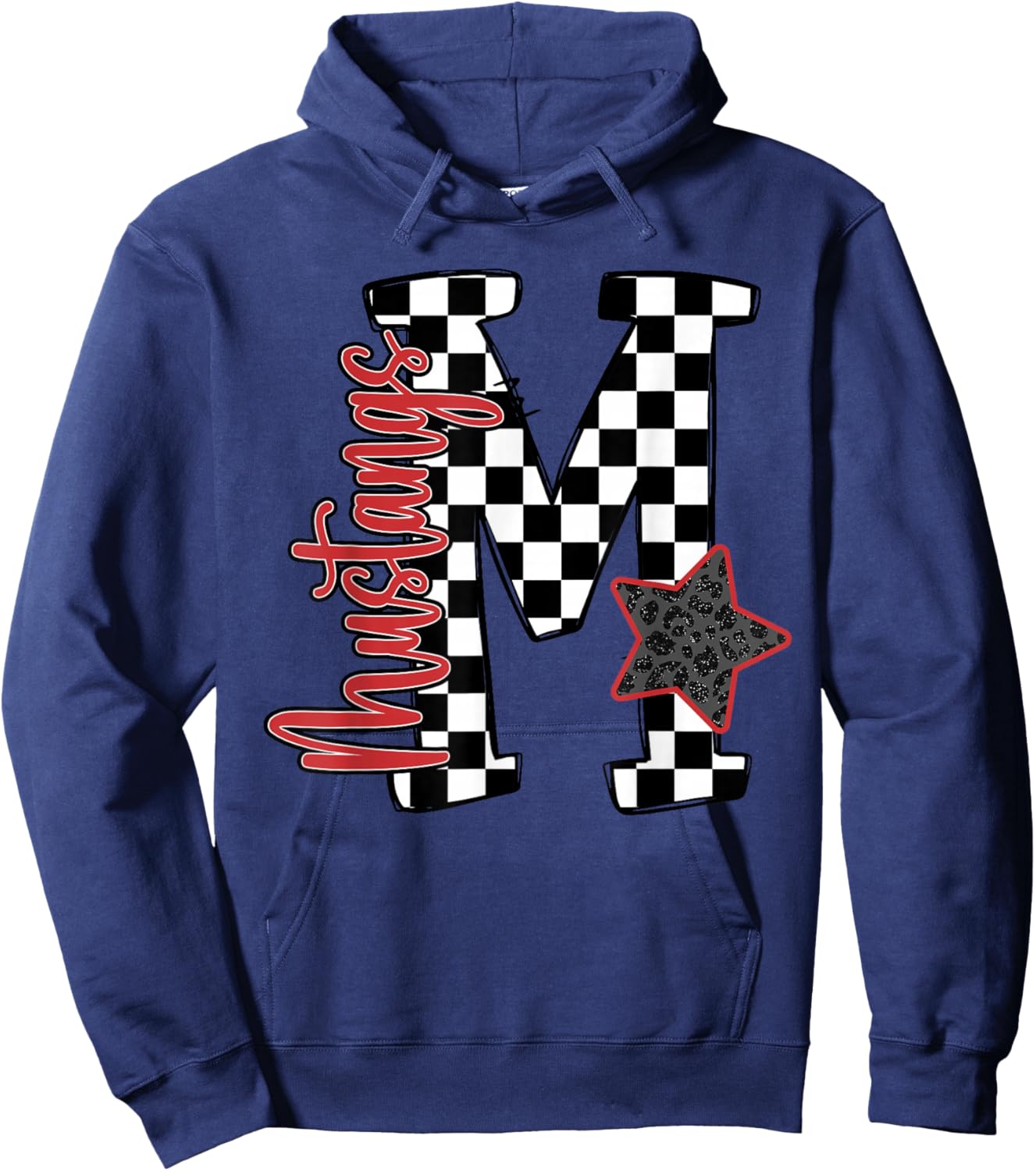 Red Mustangs Checkered Print Star School Spirit Mascot Hoodie - Hoodie | Navy