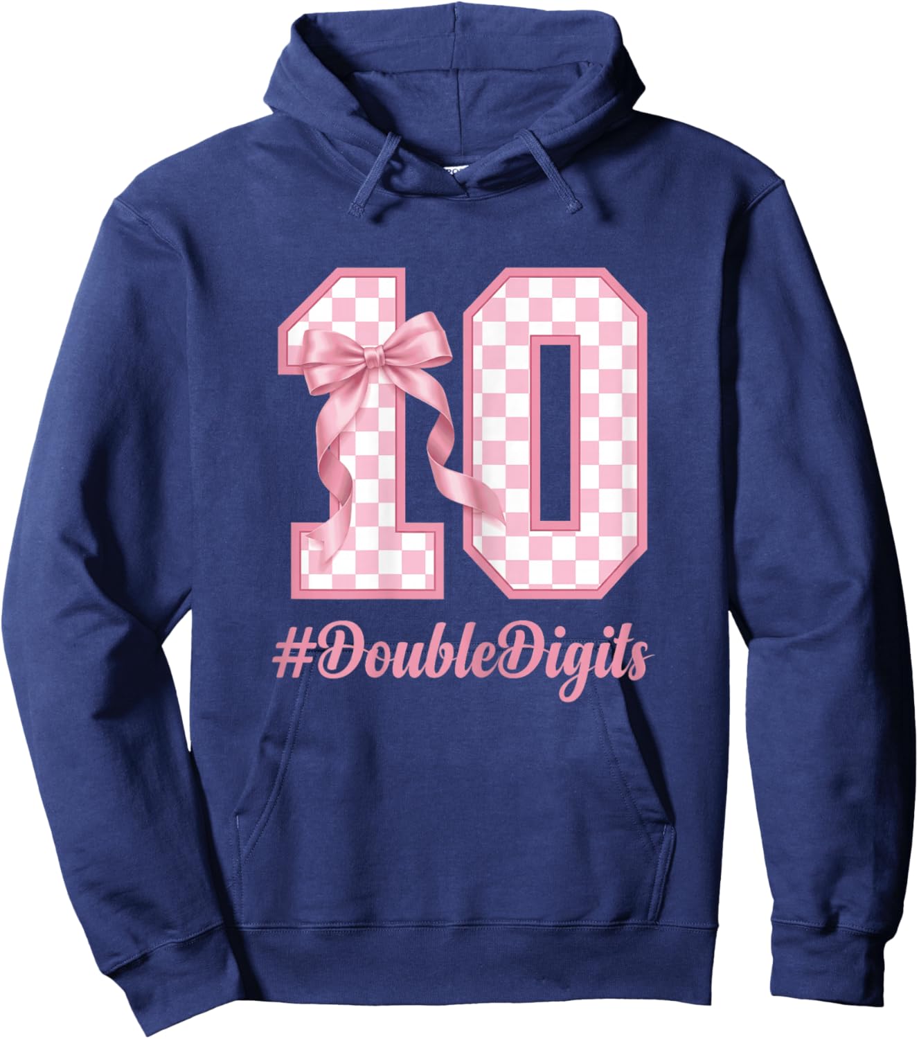 Cute Bow Pink Checkered 10th Birthday Coquette Girl Hoodie - Hoodie | Navy