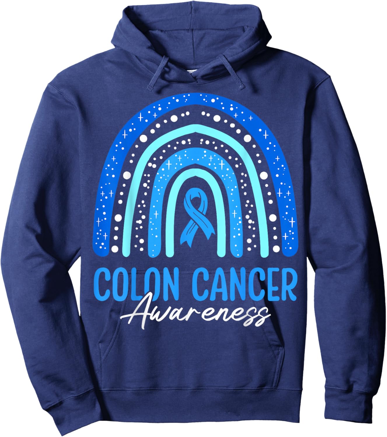 Blue Ribbon Rainbow Colorectal Colon Cancer Awareness Month Hoodie - Hoodie | Navy