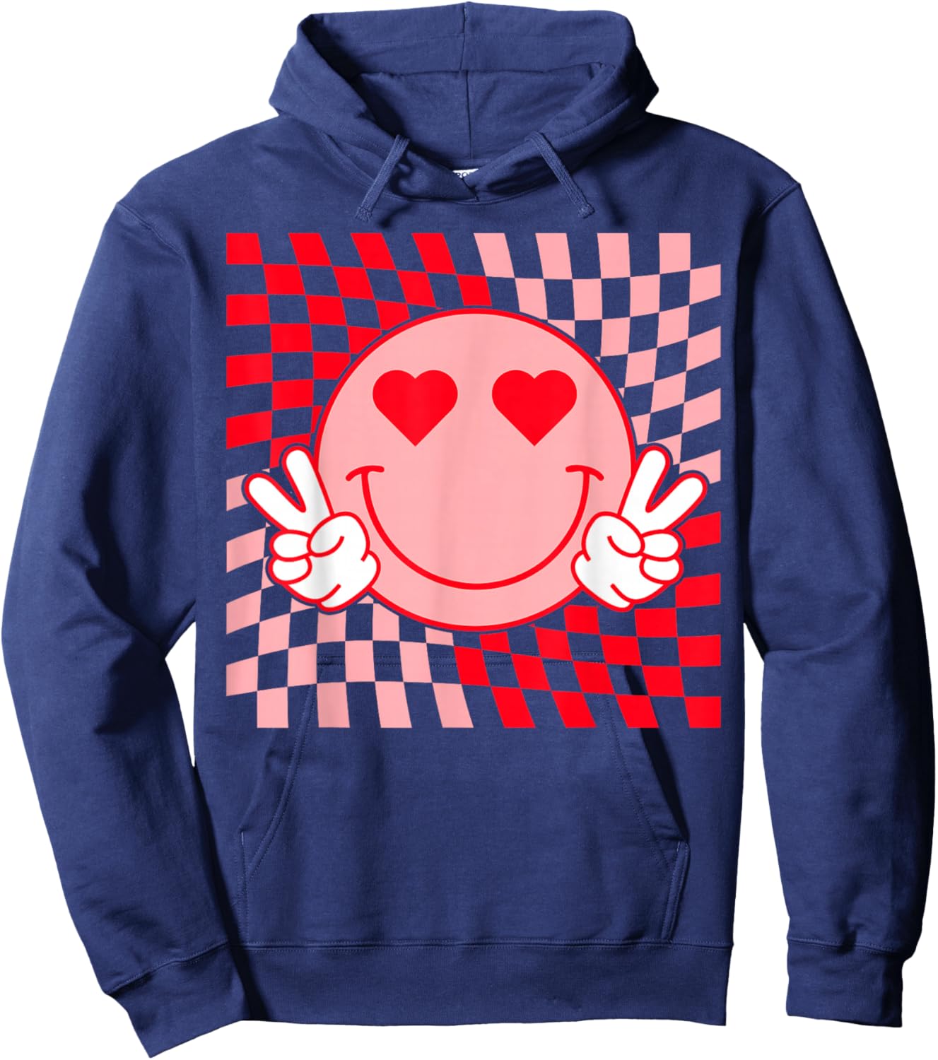 Retro Checkered Smile Face Hearts Valentine Funny Trendy Hoodie - Hoodie | Navy