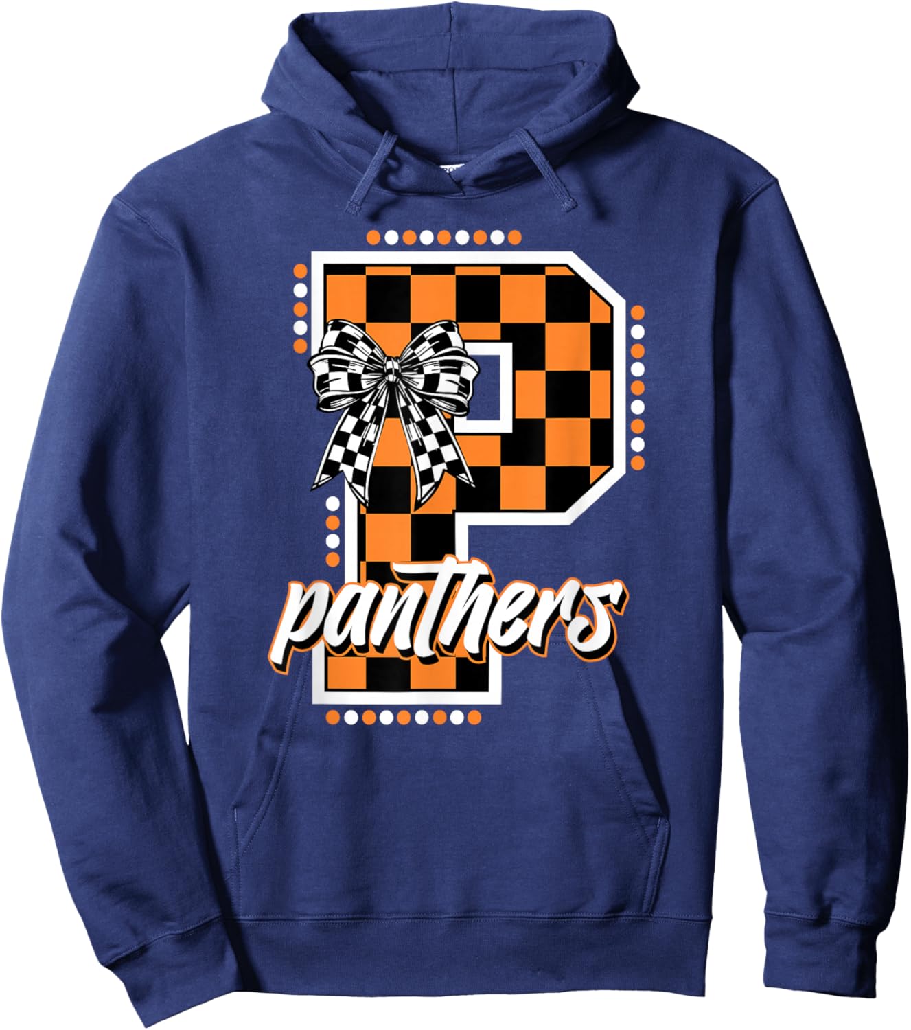 Panthers Checkered Print Orange Panther Pride School Spirit Hoodie - Hoodie | Navy