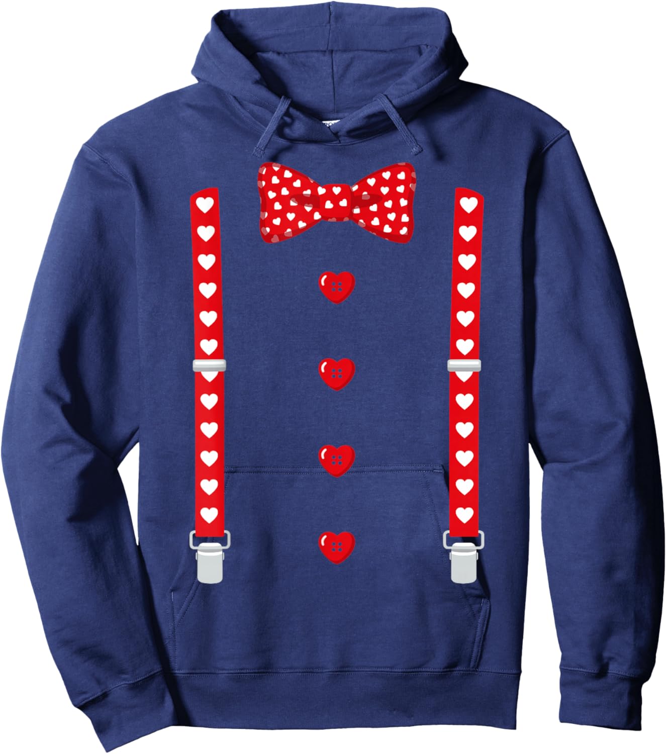 Red Hearts Bow Tie Suspenders Tuxedo Valentines Day Costume Hoodie - Hoodie | Navy