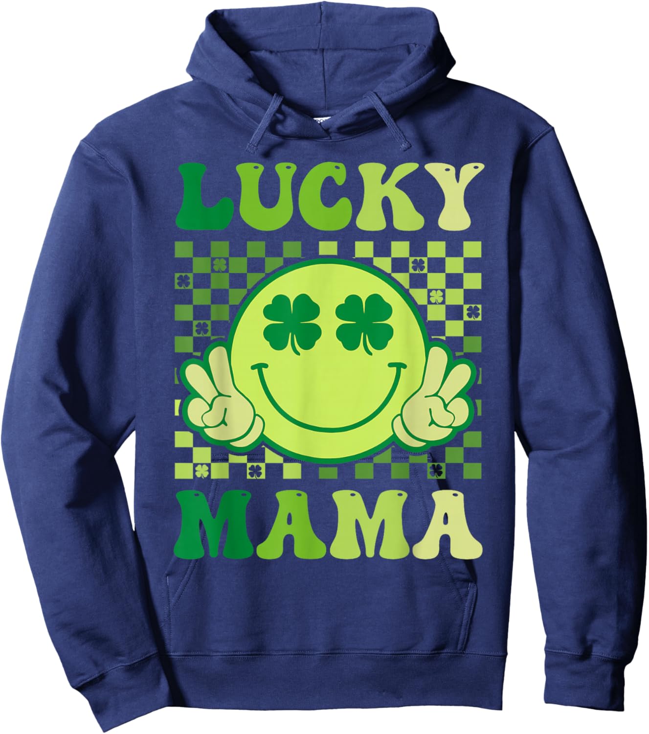 Lucky Mama Retro Smile Face Irish Shamrock St Patricks Day Hoodie - Hoodie | Navy