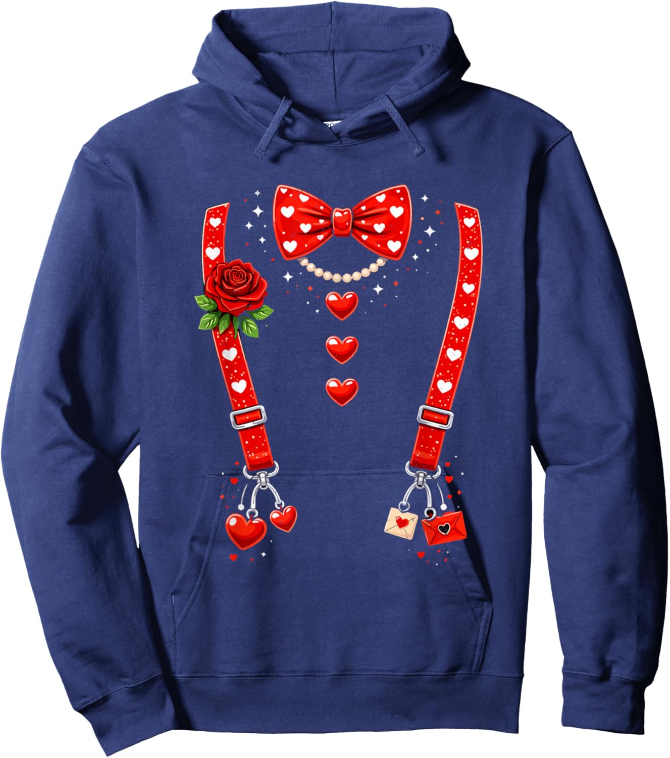 Valentines Day Red Hearts Bow Tie Funny Suspender Couple Hoodie - Hoodie | Navy