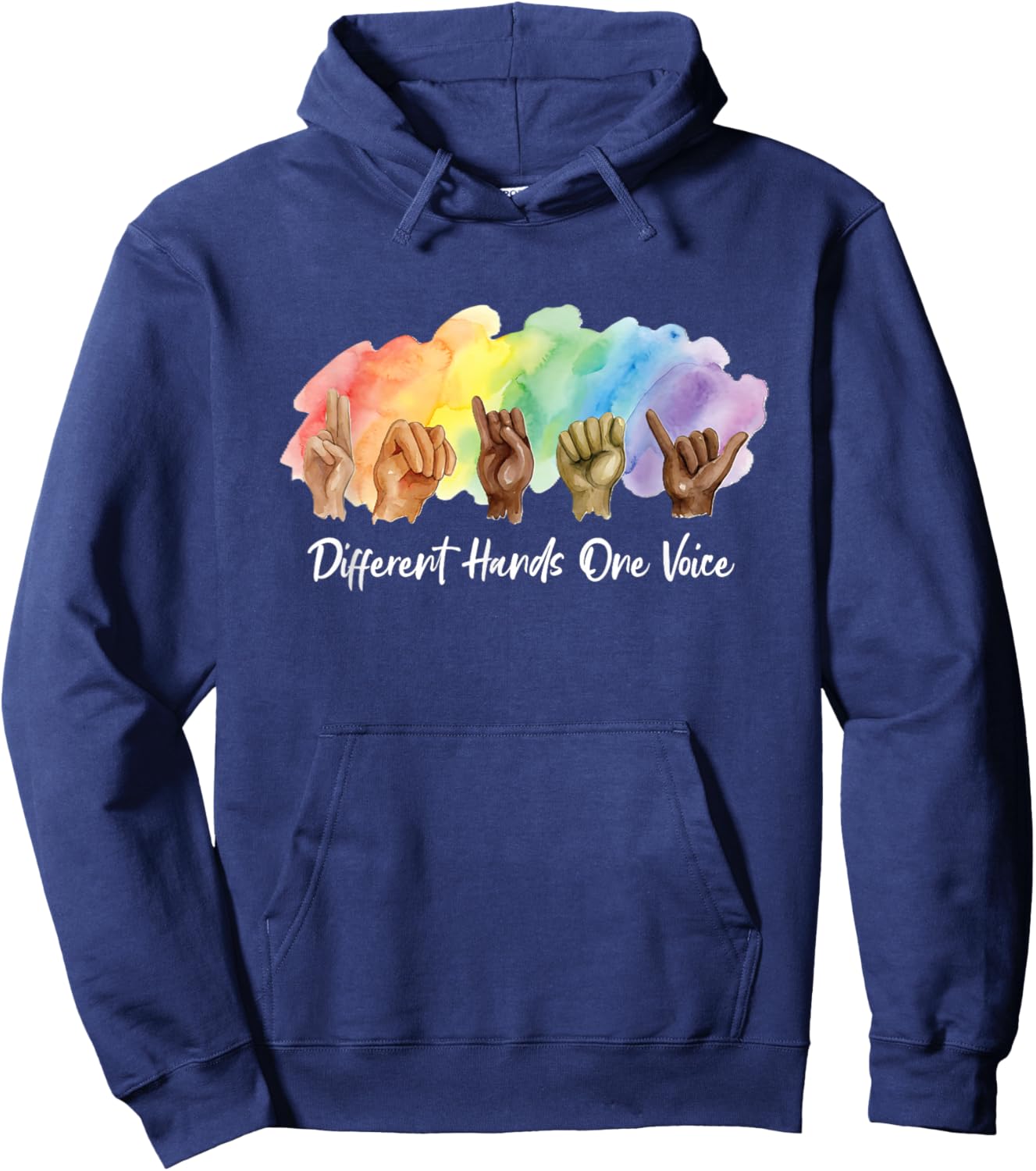 ASL Watercolor Unity Different Hands One Voice Sign Language Hoodie - Hoodie | Navy