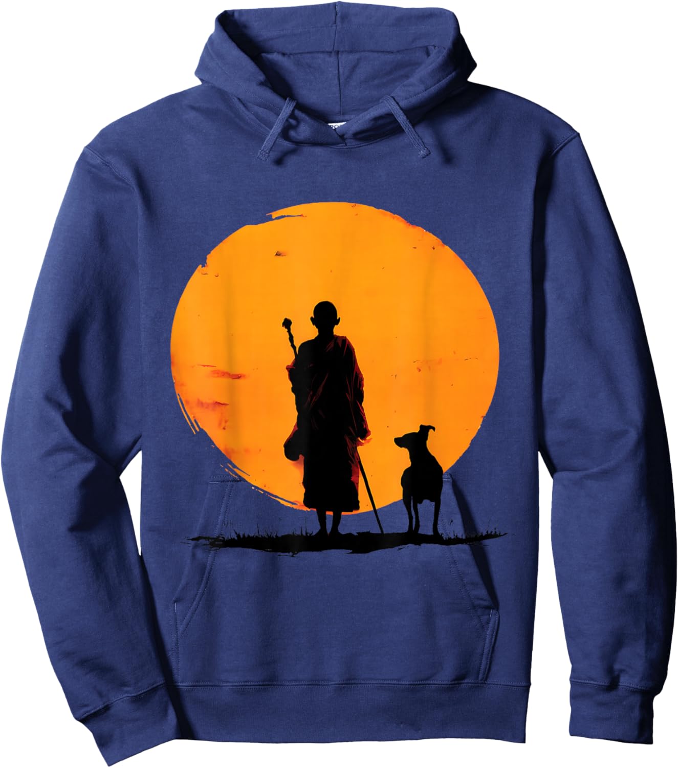 Retro Peace Walking Monks & Dog Minimalist Zen Art Graphic Hoodie - Hoodie | Navy