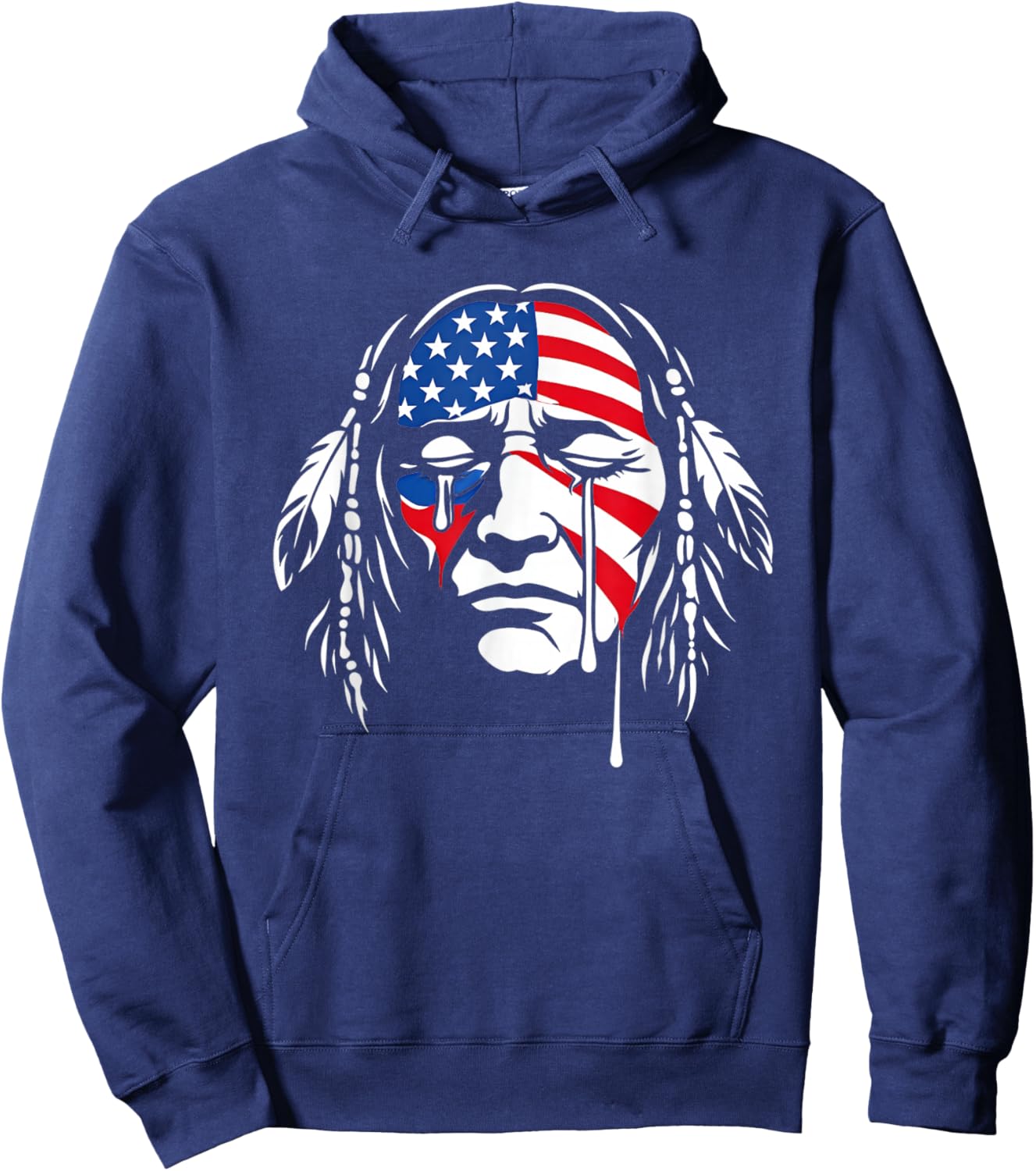 Crying Native American Indian Chief American USA Flag Hoodie - Hoodie | Navy