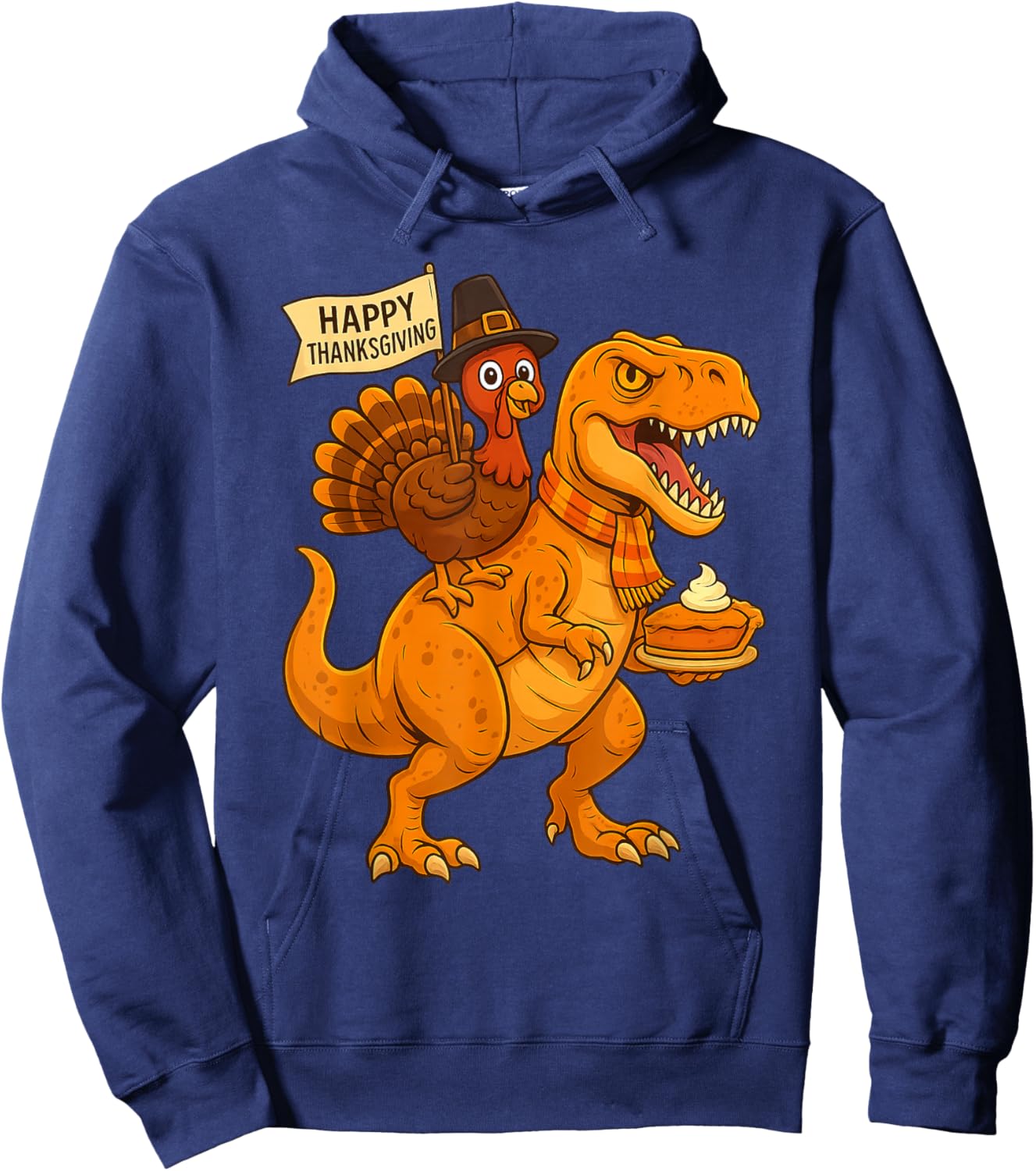 Funny Thanksgiving Dinosaur Turkey Riding T Rex Pumpkin Pie Hoodie - Hoodie | Navy