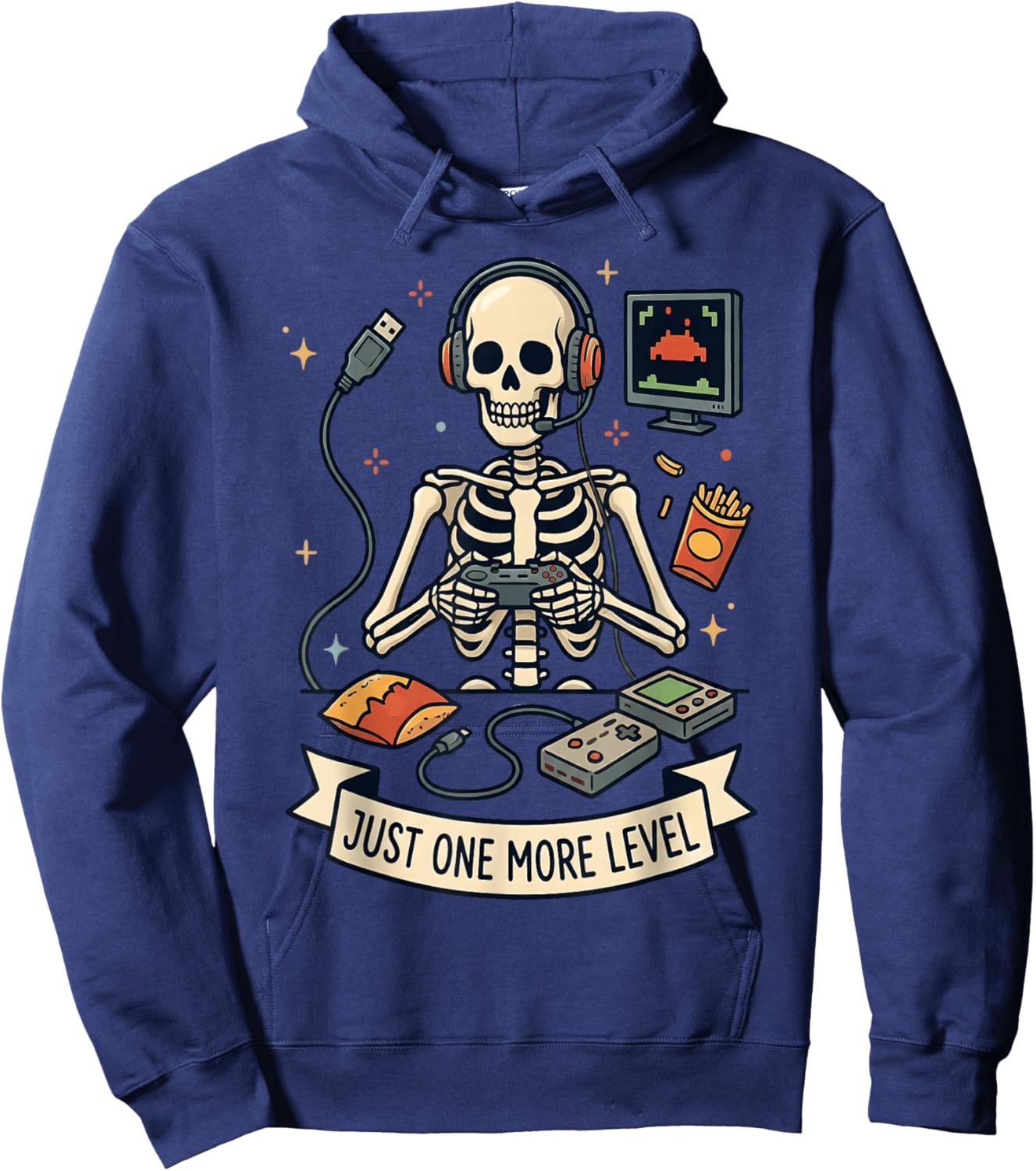 Just One More Level Skeleton Gamer Funny Video Game Hoodie - Hoodie | Navy