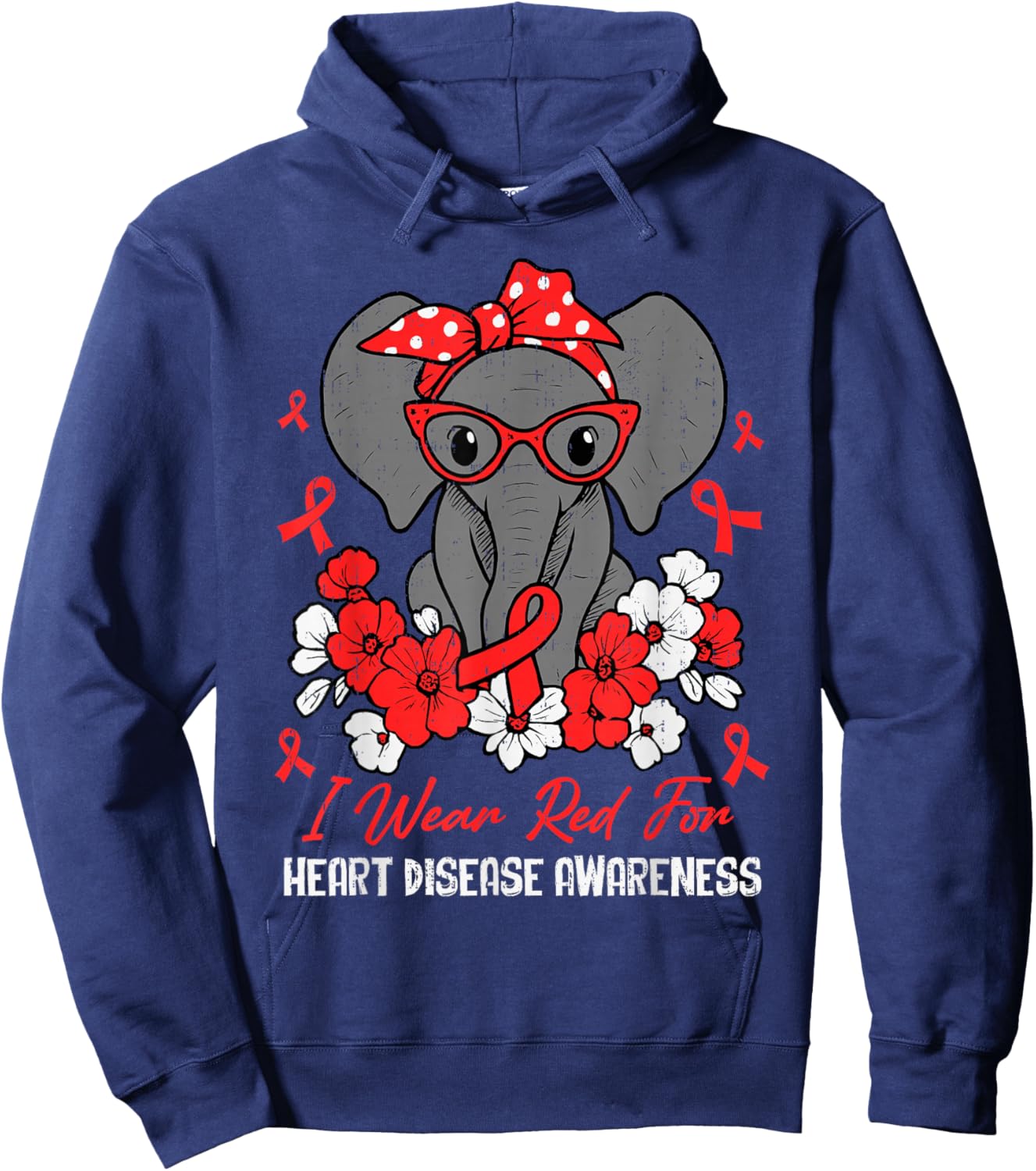 Heart Health Elephant Red Ribbon Heart Disease Awareness CHD Hoodie - Hoodie | Navy