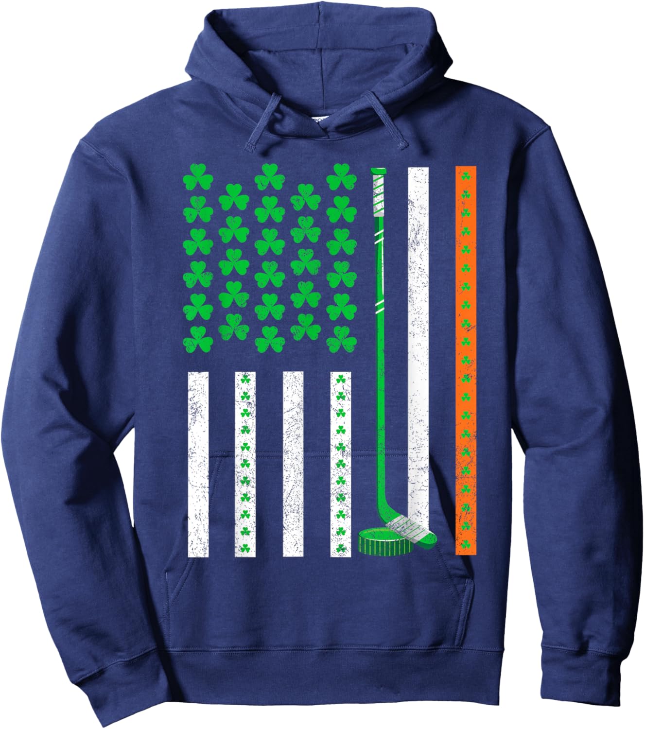 Vintage St Patrick's Day Shamrock Sport American Flag Hockey Hoodie - Hoodie | Navy