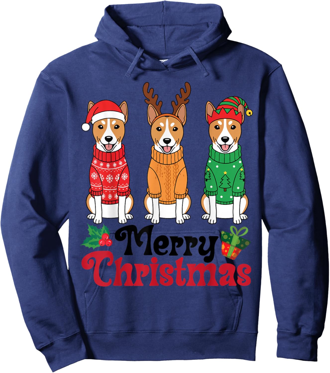 Basenji Dogs in Sweaters Santa Reindeer Elf Merry Christmas Hoodie - Hoodie | Navy