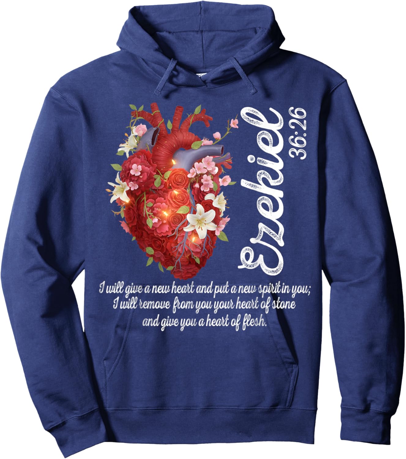 Floral Heart Ezekiel 36:26 Heart of Flesh Christian Women Hoodie - Hoodie | Navy