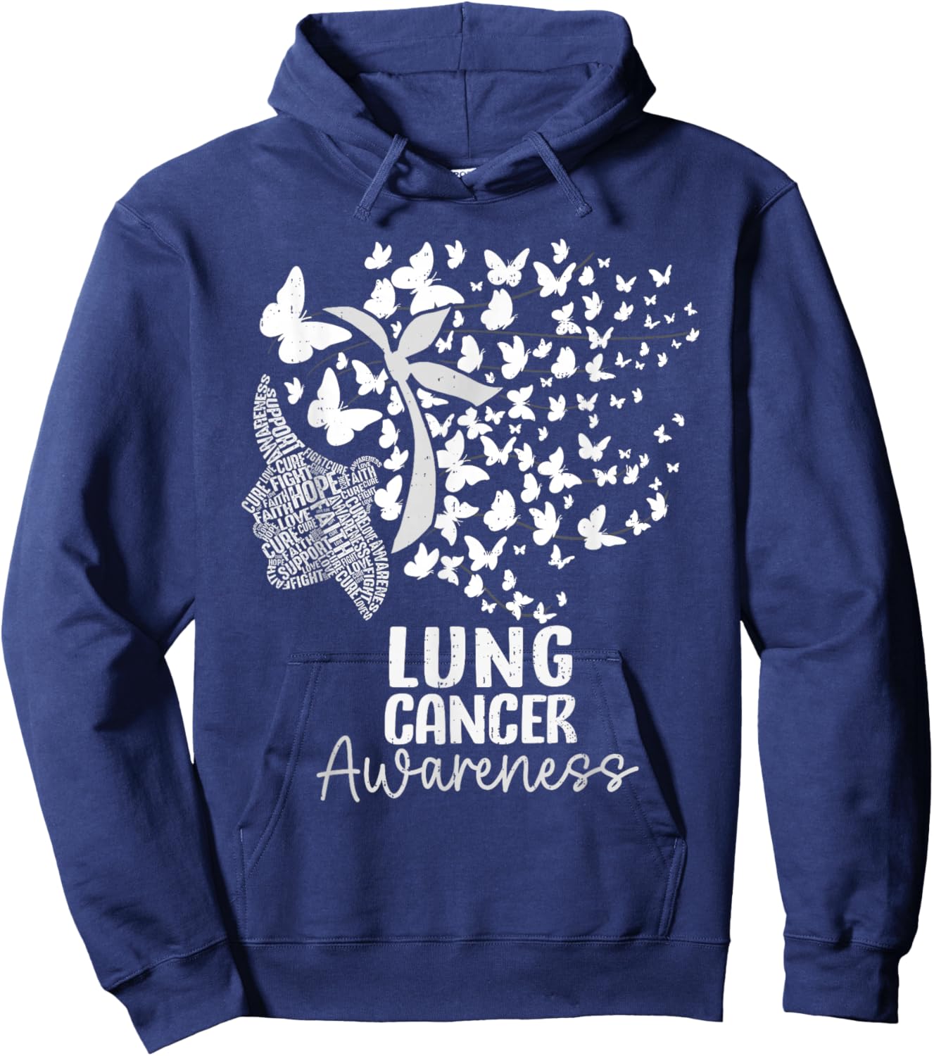 Lung Cancer Awareness Butterfly White Ribbon Support Hoodie - Hoodie | Navy