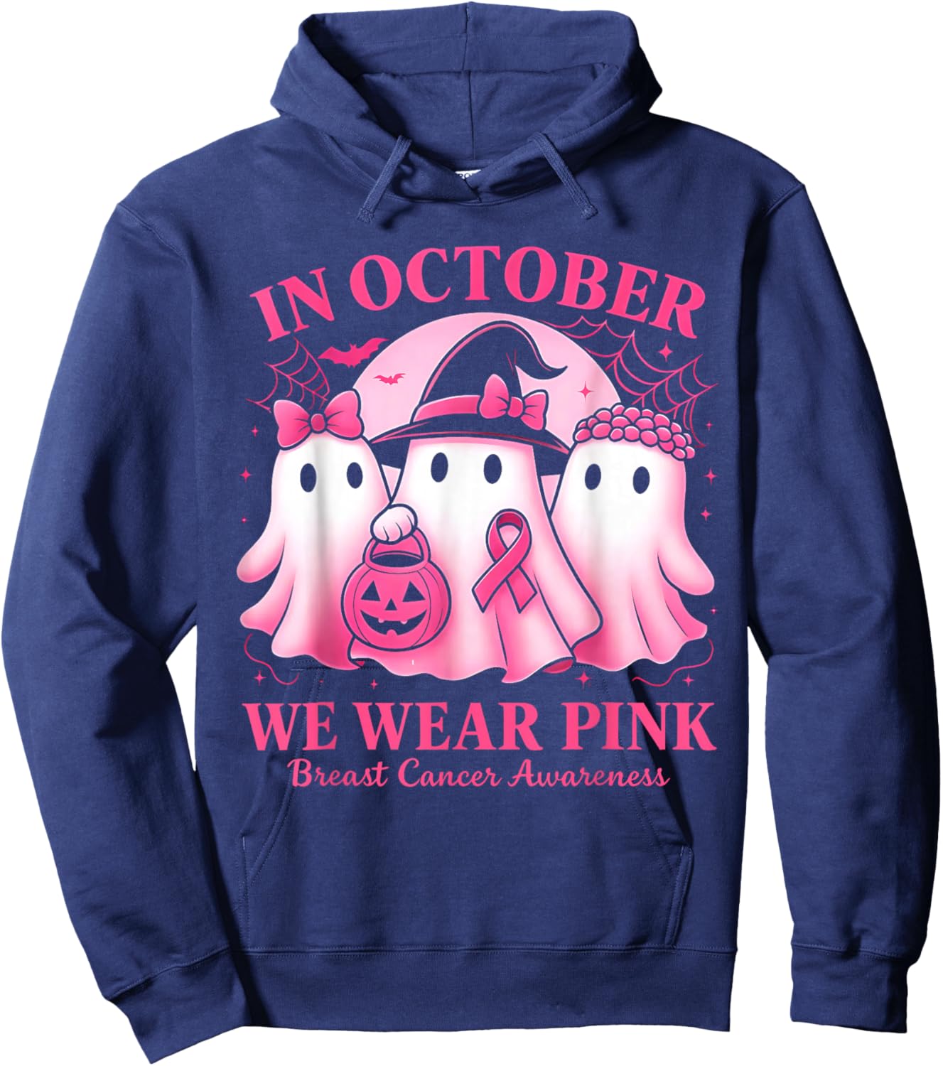 in October We Wear Pink Ghost Trio Breast Cancer Awareness Hoodie - Hoodie | Navy