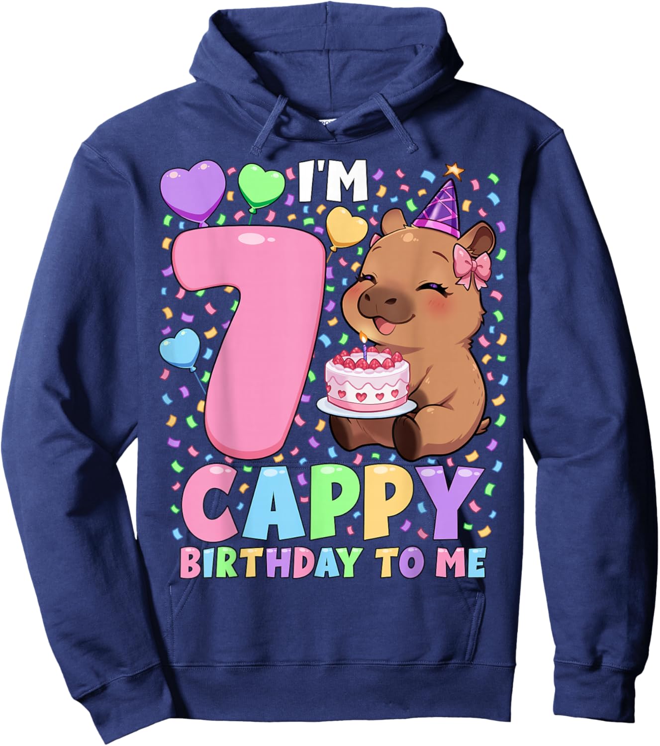 Capybara Birthday Shirt 7 Kawaii Girl Capybara 7th Birthday Hoodie - Hoodie | Navy