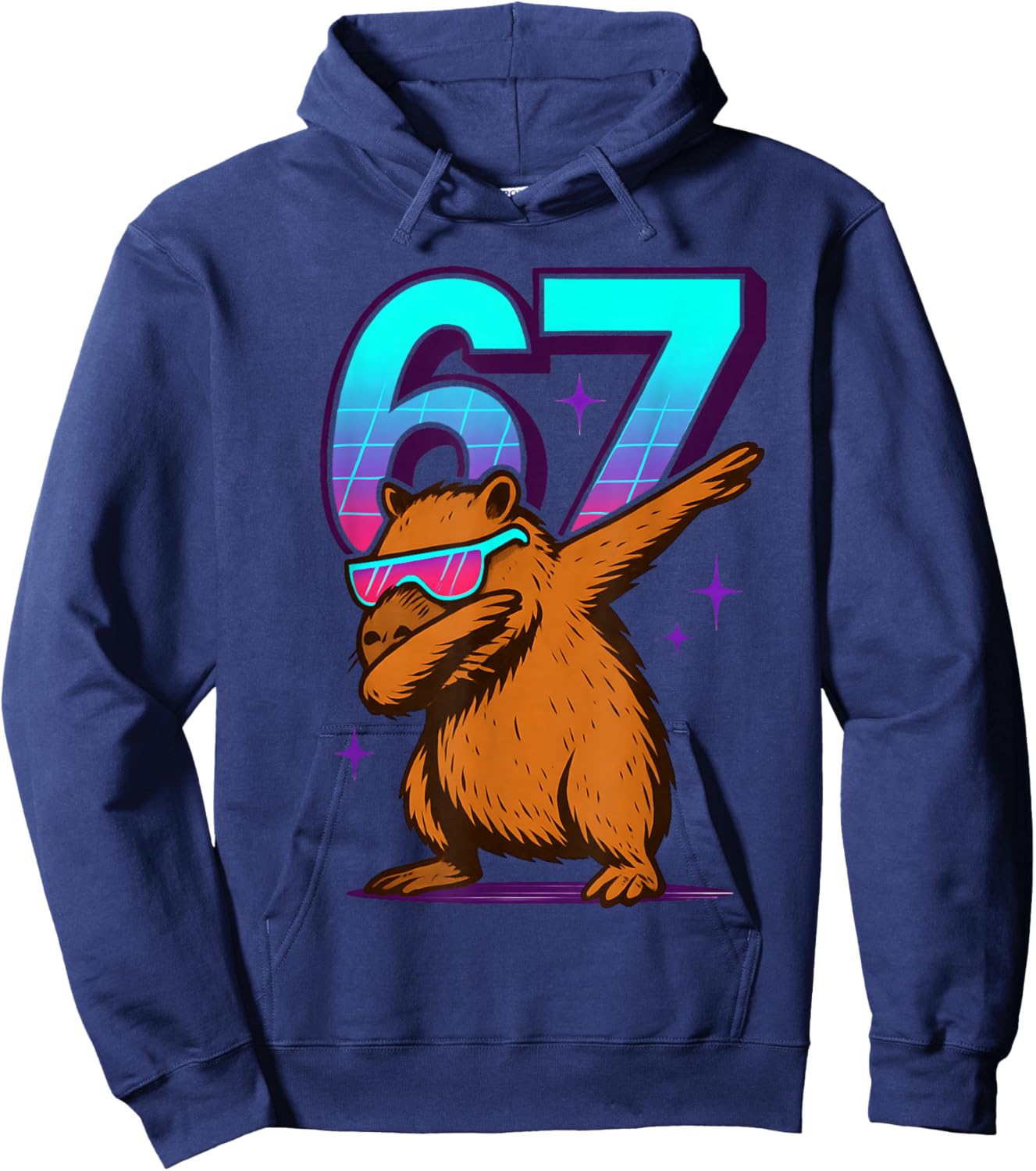 Neon Retro Dabbing Capybara 67 Meme Capy Lover Teens Kids Hoodie - Hoodie | Navy