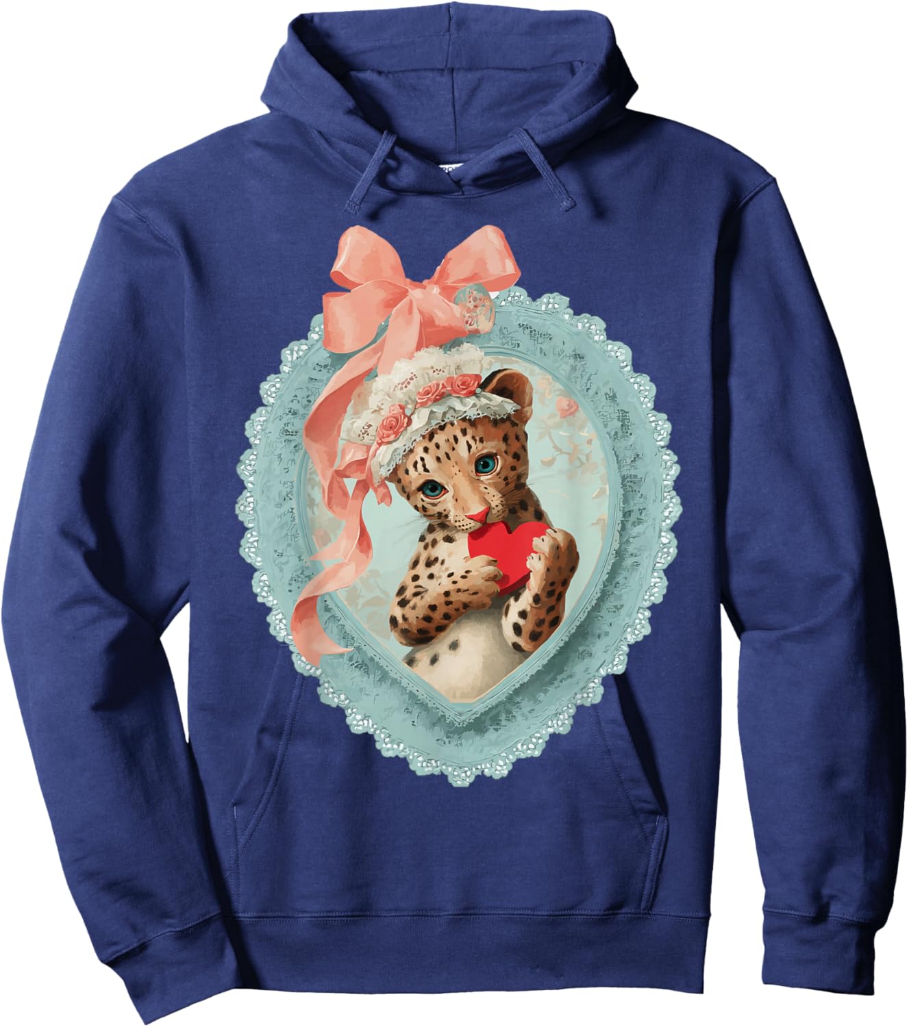 Cute Leopard Valentine with Heart Vintage Animal Coquette Hoodie - Hoodie | Navy