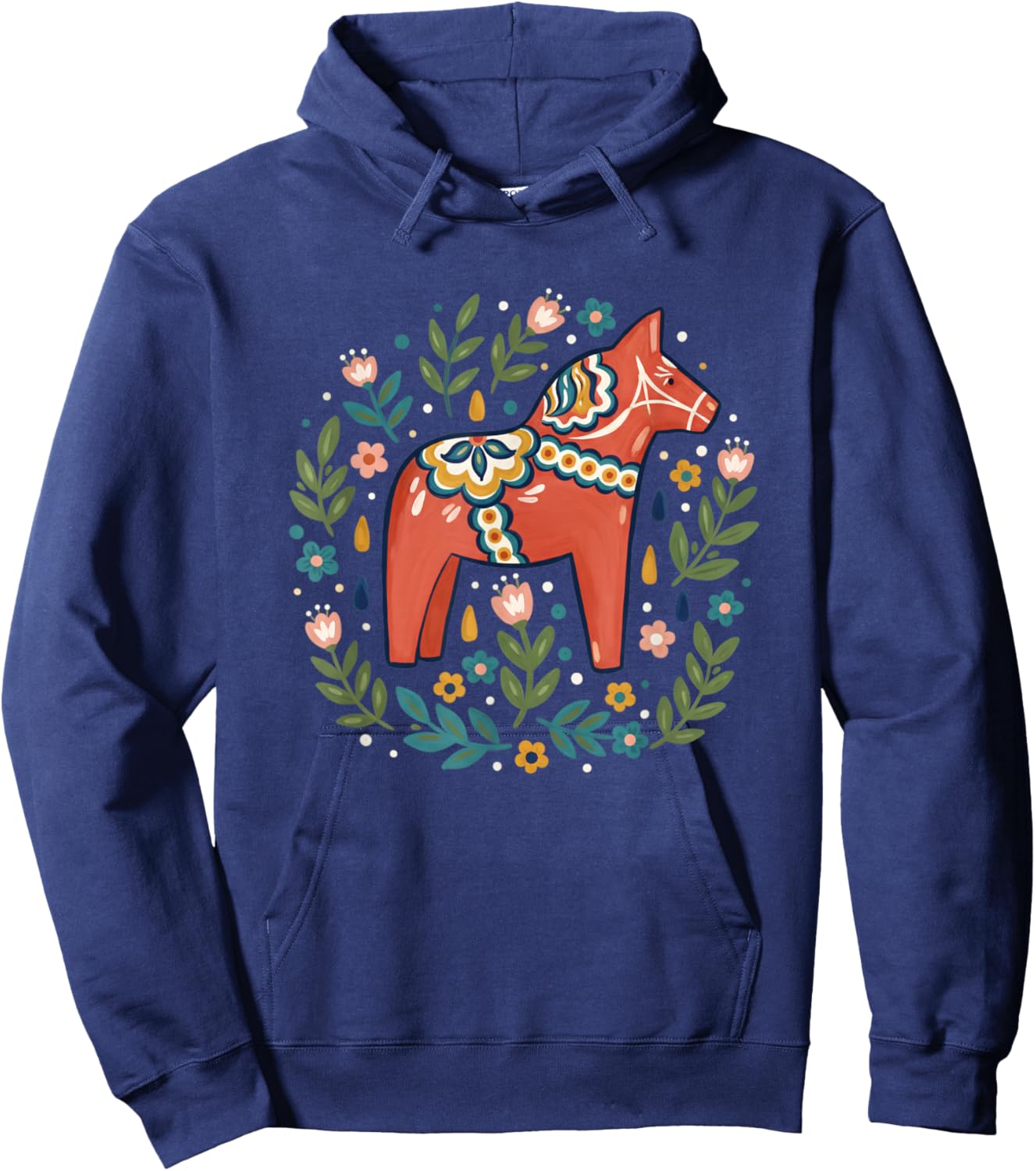 Dala Horse Folk Art Floral Farm Animals Horse Swedish Folk Hoodie - Hoodie | Navy