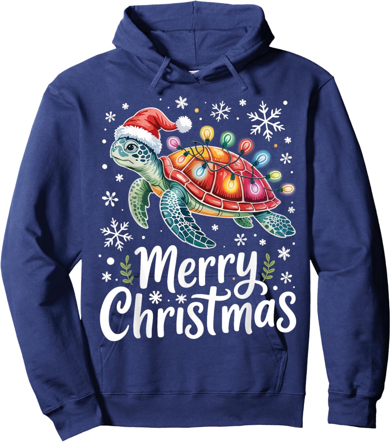 Merry Christmas Sea Turtle Christmas Lights Santa Hat Party Hoodie - Hoodie | Navy
