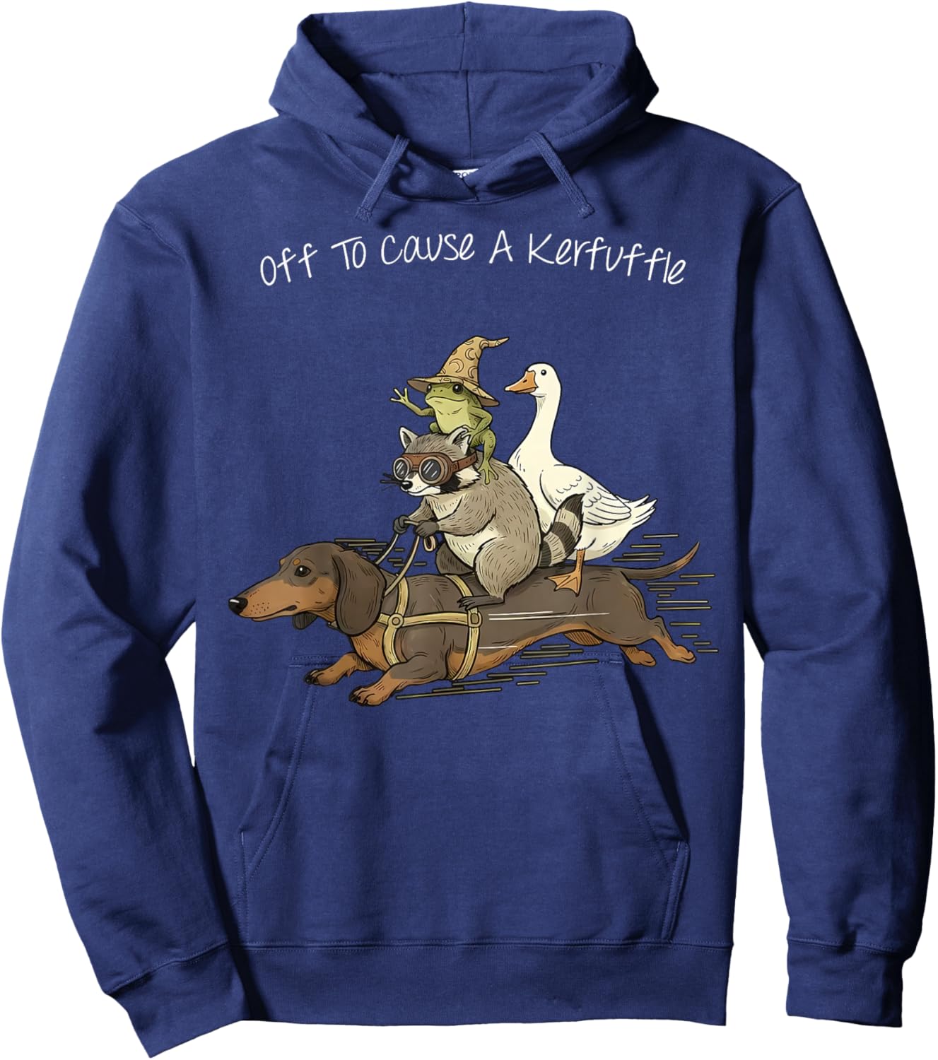 Off to Cause A Kerfuffle Frog Raccoon Goose Riding Dachshund Hoodie - Hoodie | Navy