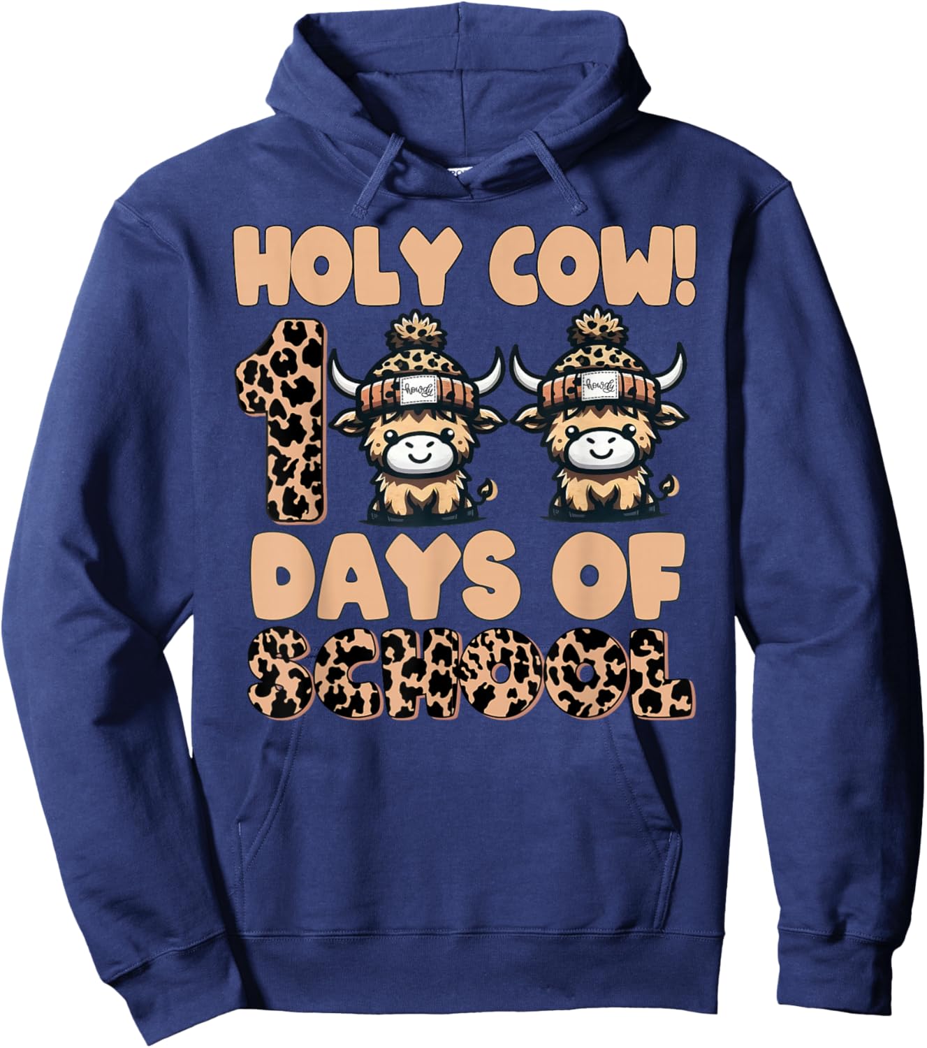 Holy Cow 100 Days of School Highland Cow 100th Day of School Hoodie - Hoodie | Navy