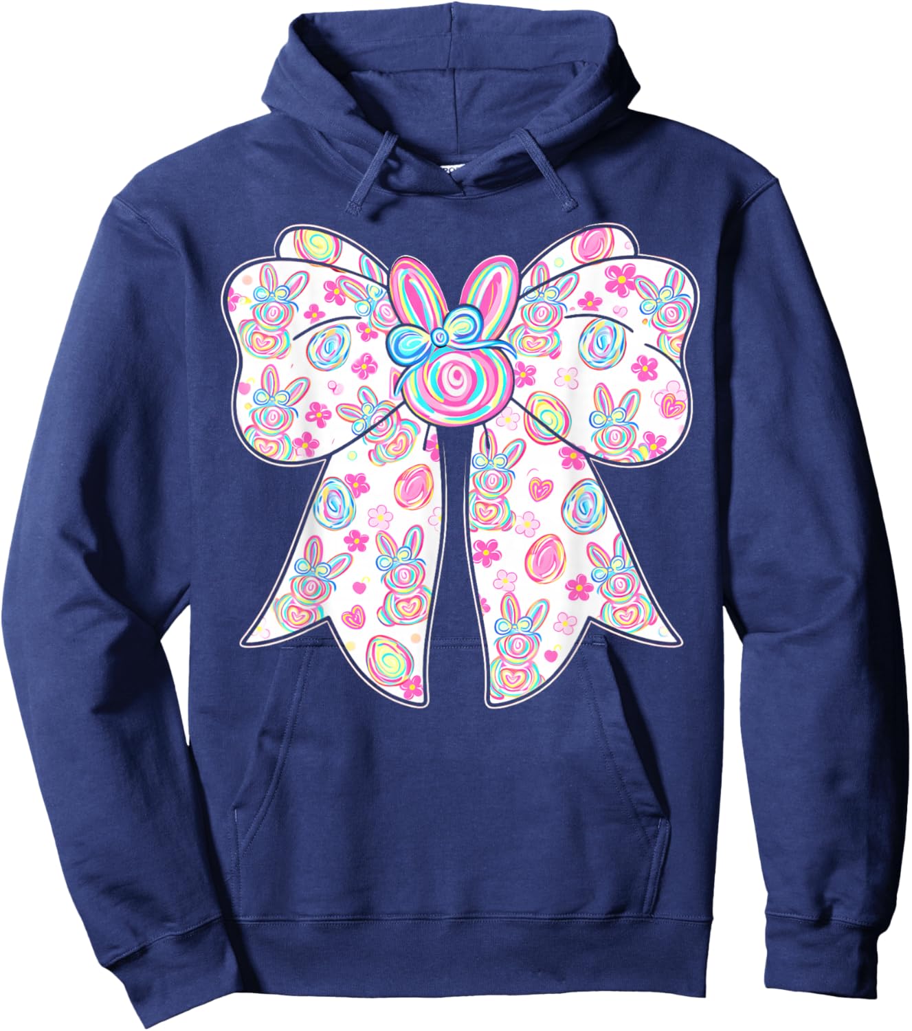 Happy Easter Bunny Ears Coquette Bow Eggs Pastel Women Girls Hoodie - Hoodie | Navy