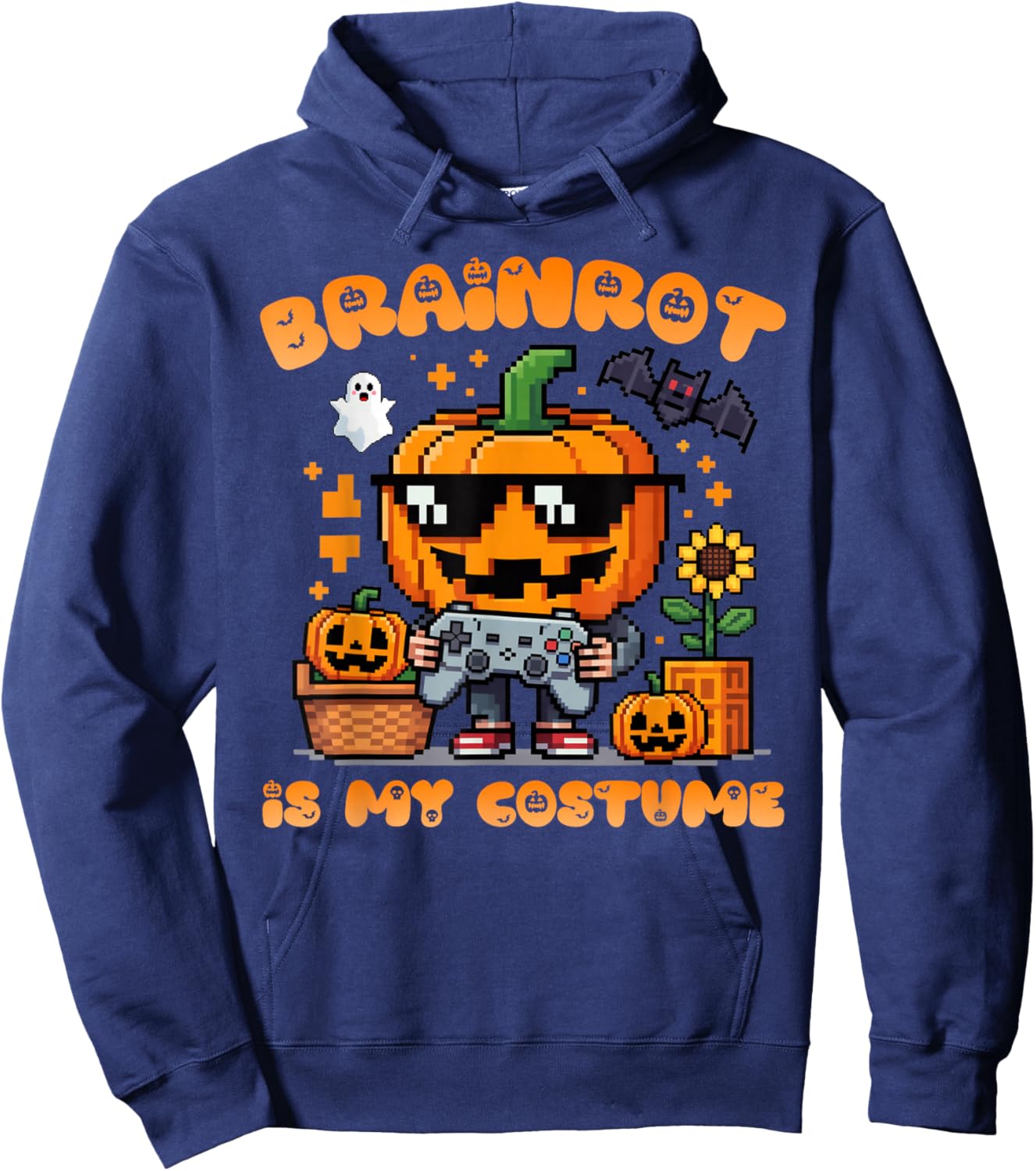 Brain Rot Halloween Shirt Kid Pumpkin Brainrot Gamer Costume Hoodie - Hoodie | Navy