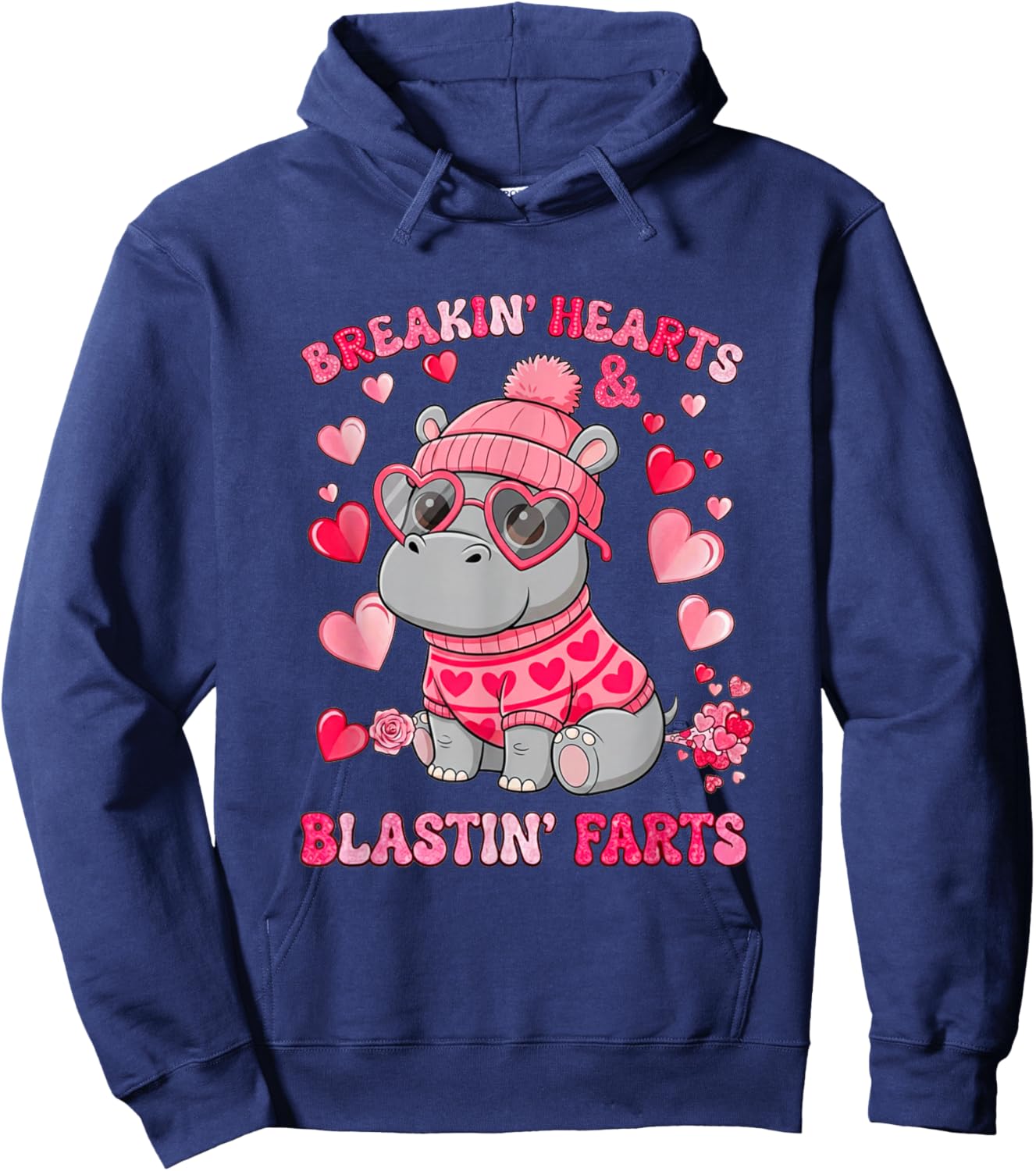 Funny Hippo Breaking Hearts Blasting Farts Valentines Day Hoodie - Hoodie | Navy