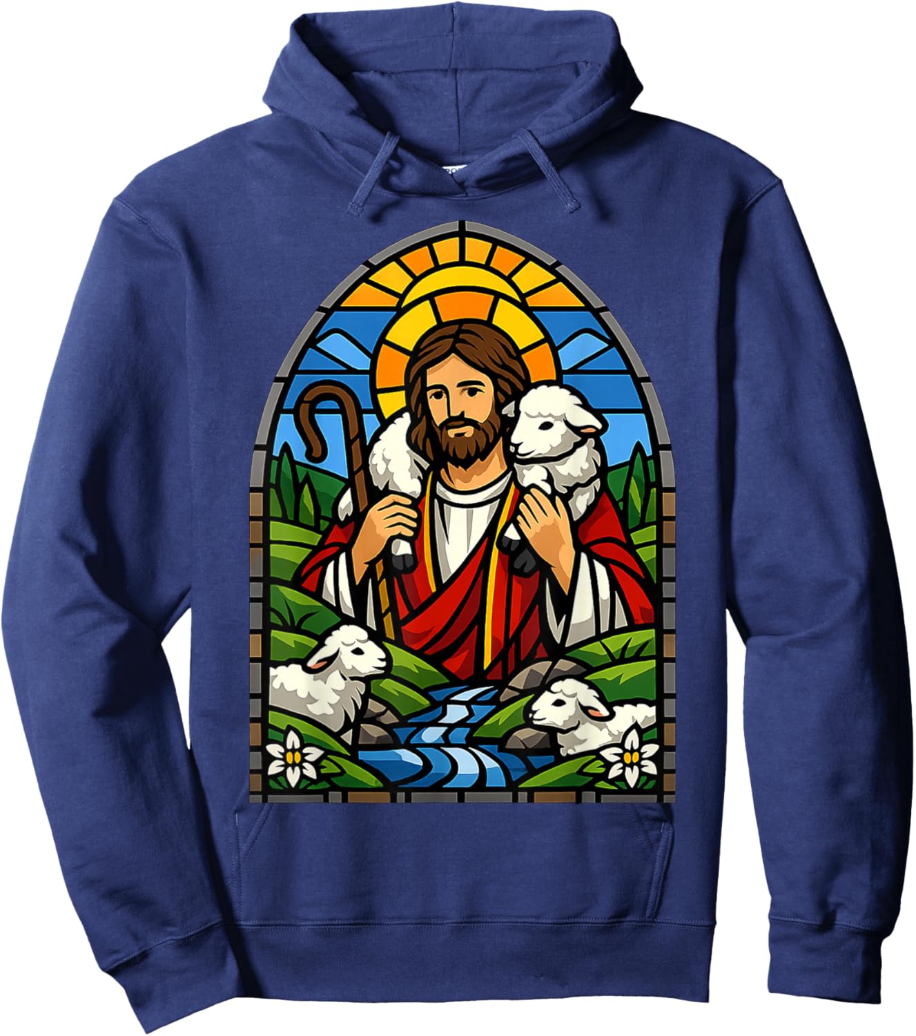 Stained Glass Jesus Shepherd with Lambs Christian Art Design Hoodie - Hoodie | Navy