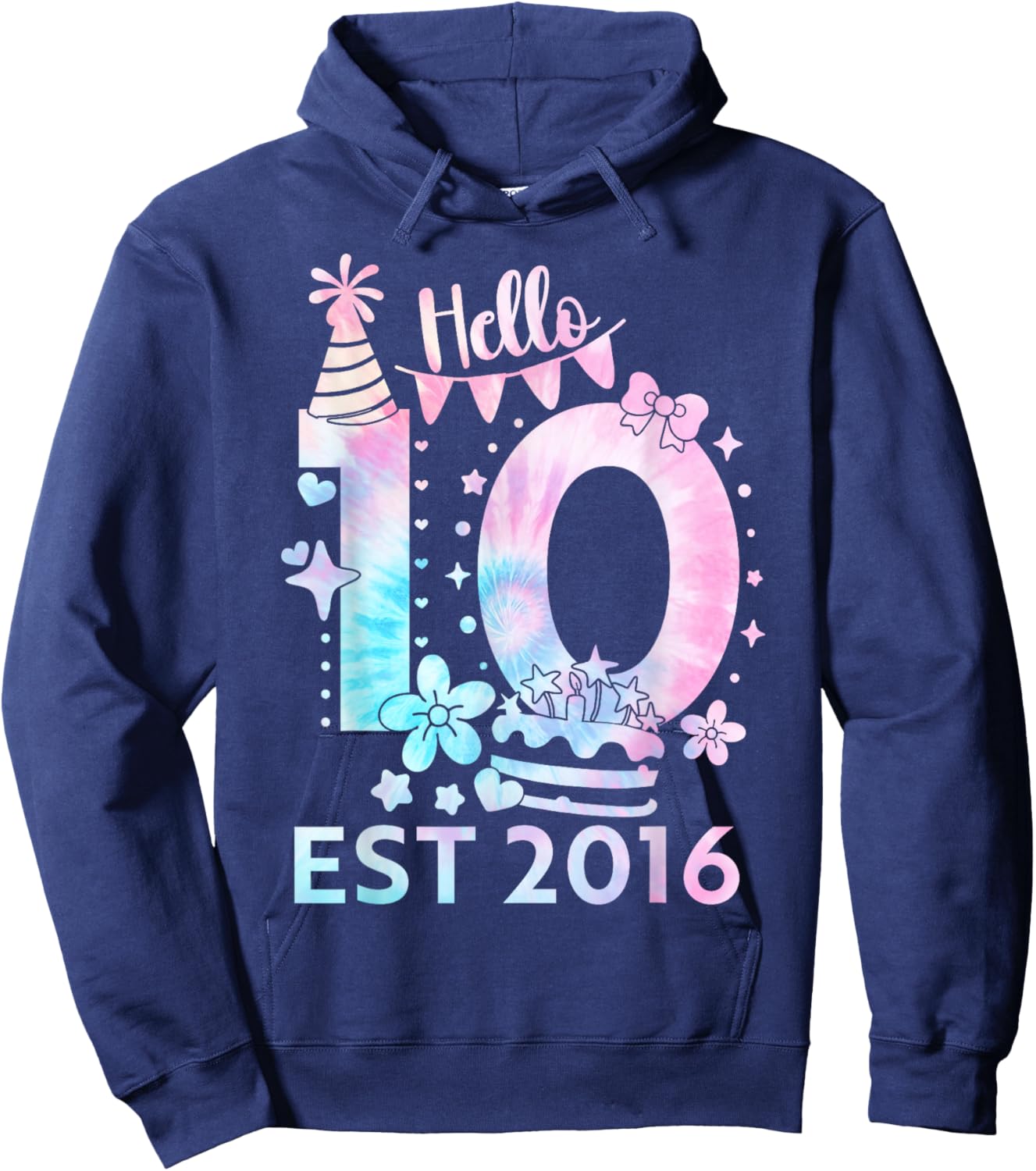 Hello Ten 2016 Cute 10th Birthday Tie Dye 10 Year Girl Boy Hoodie - Hoodie | Navy