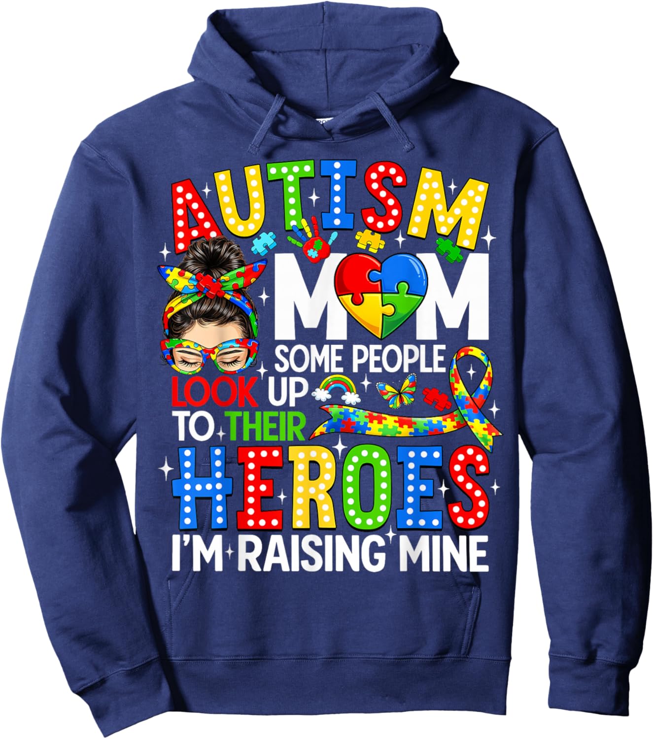 Autism Mom Raising Hero Messy Bun Autism Awareness Women Hoodie - Hoodie | Navy