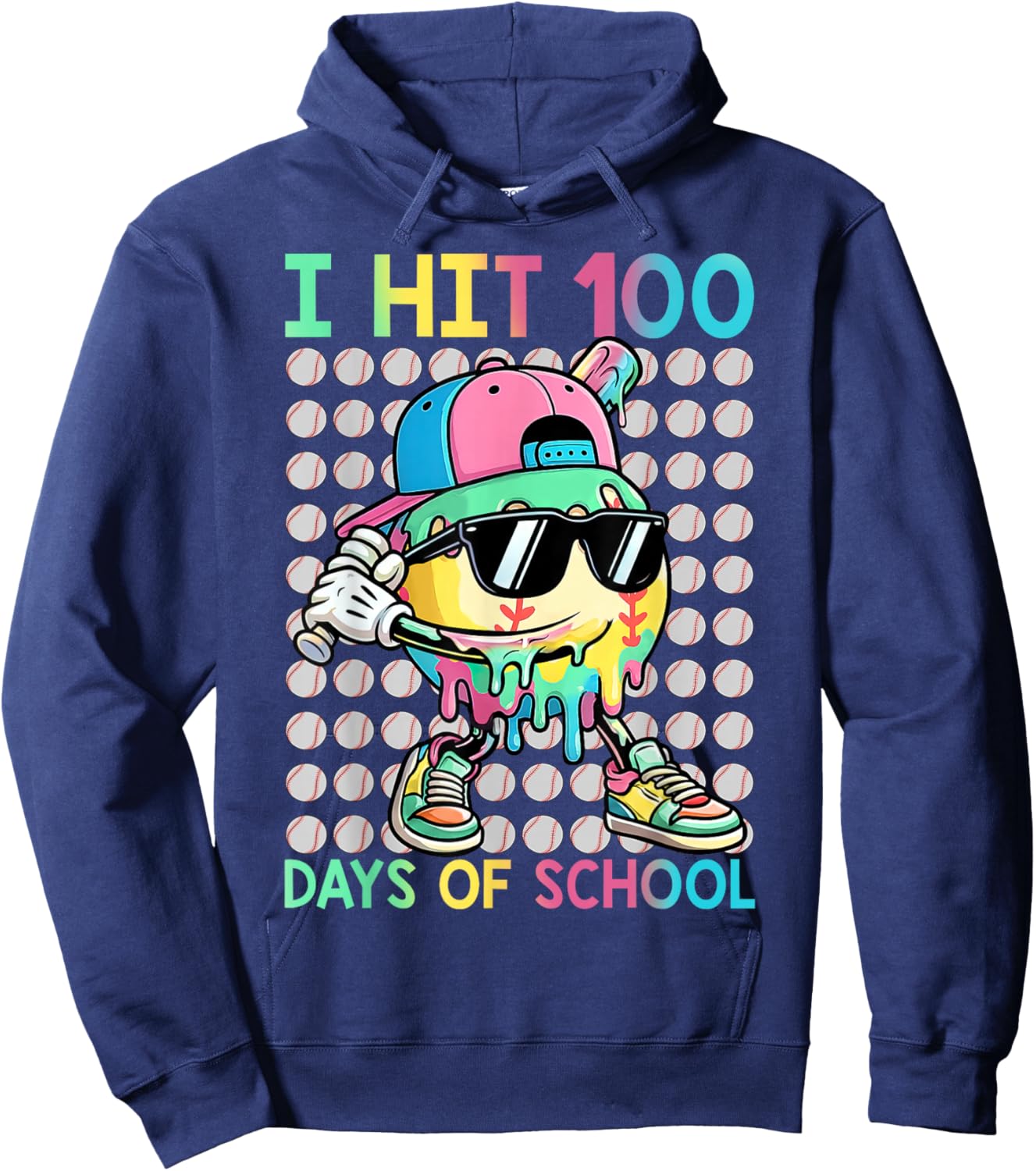 I Hit 100 Days of School Baseball Drip 100th Day of School Hoodie - Hoodie | Navy