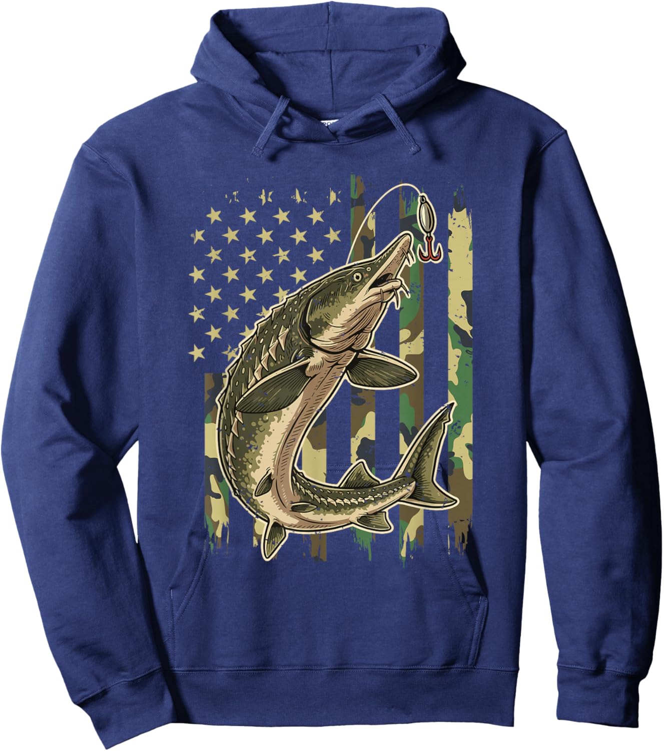Vintage Sturgeon Fishing Camo American Flag Fisherman Hoodie - Hoodie | Navy
