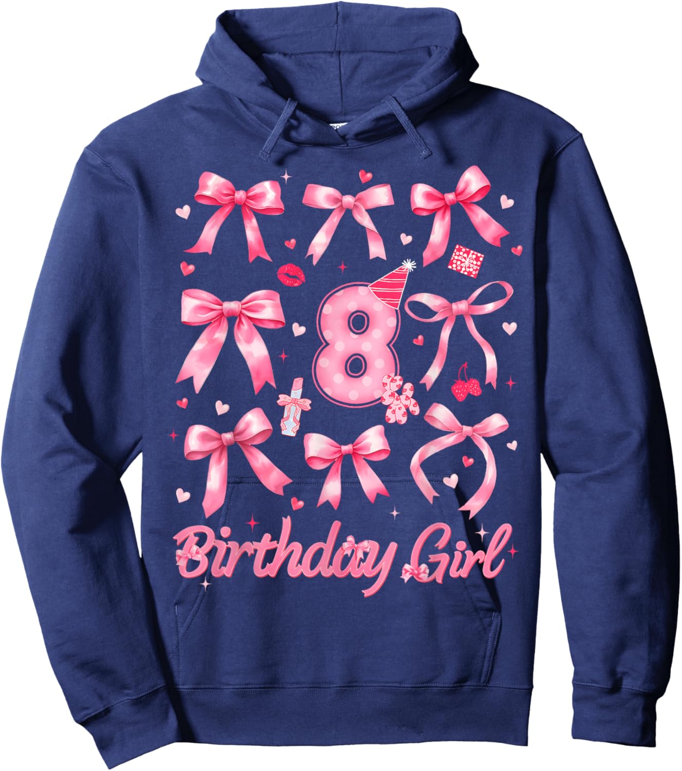 8th Birthday 8 Years Old Coquette Bow Pink Birthday Girl Hoodie - Hoodie | Navy