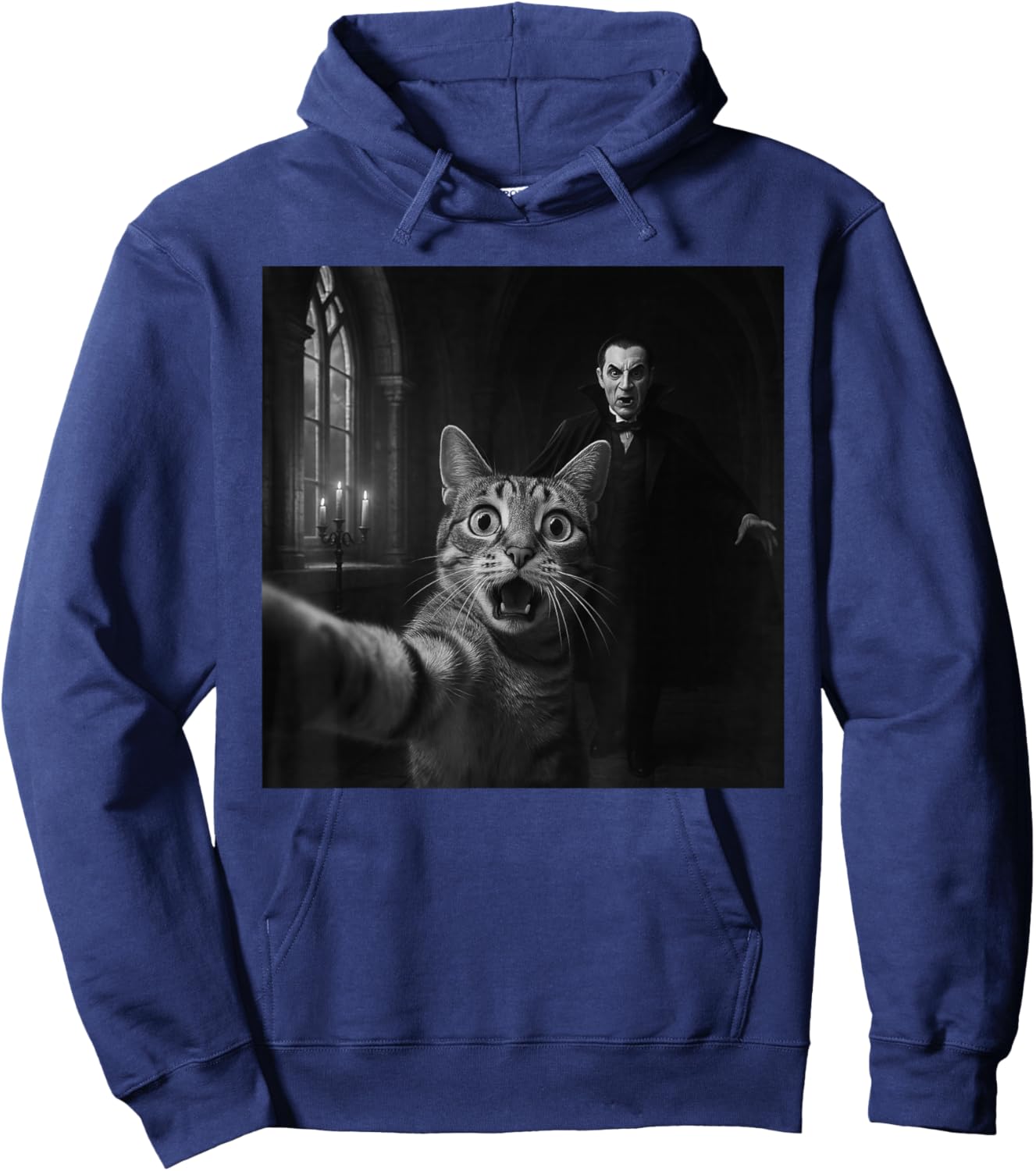Funny Halloween Surprised Scared Cat Selfie Dracula Vampire Hoodie - Hoodie | Navy