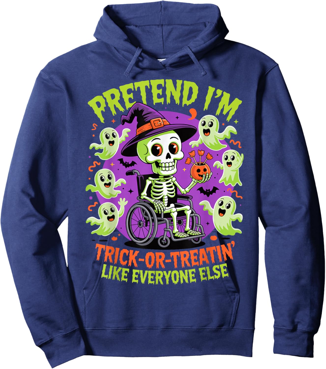 Halloween Wheelchair Costume Handicap Joke Vintage Skeleton Hoodie - Hoodie | Navy